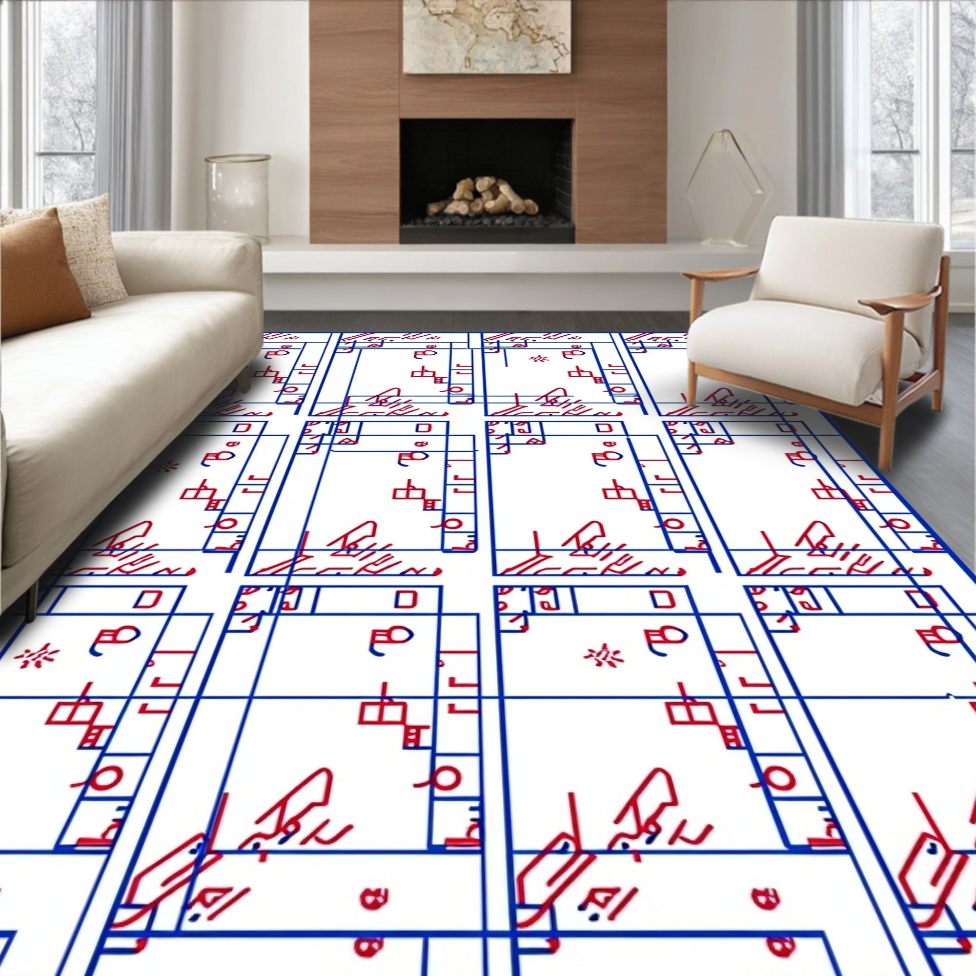 Red and Blue Geometric Grid Rug