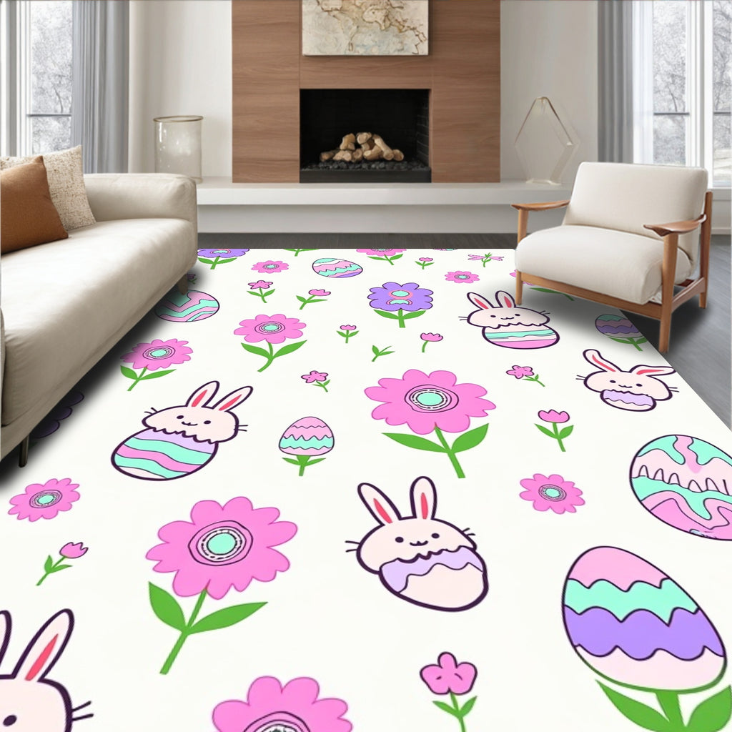 Pink Purple Easter Bunnies Flowers Eggs Rug