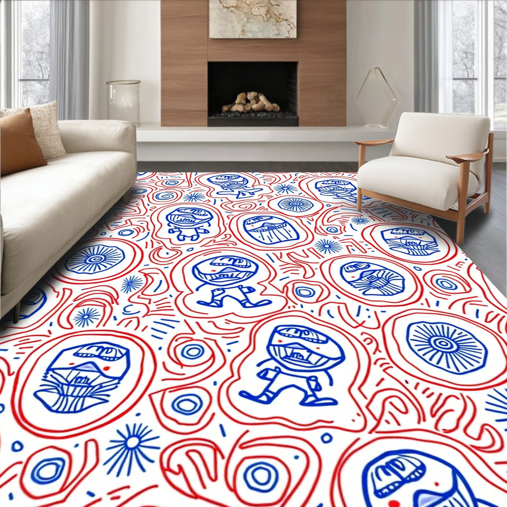 Red Blue Whimsical Character Fusion Rug