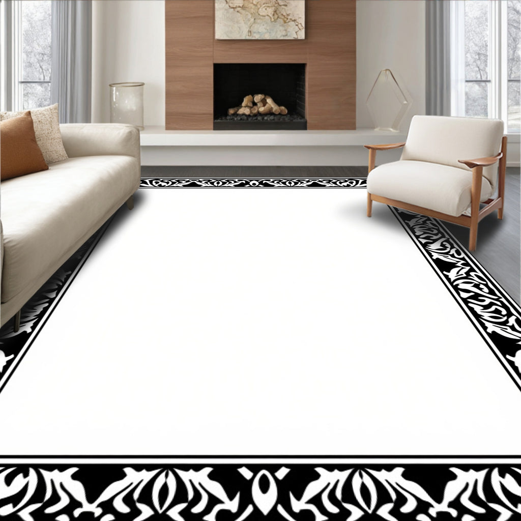 Black White Leaf Scroll Border Rug