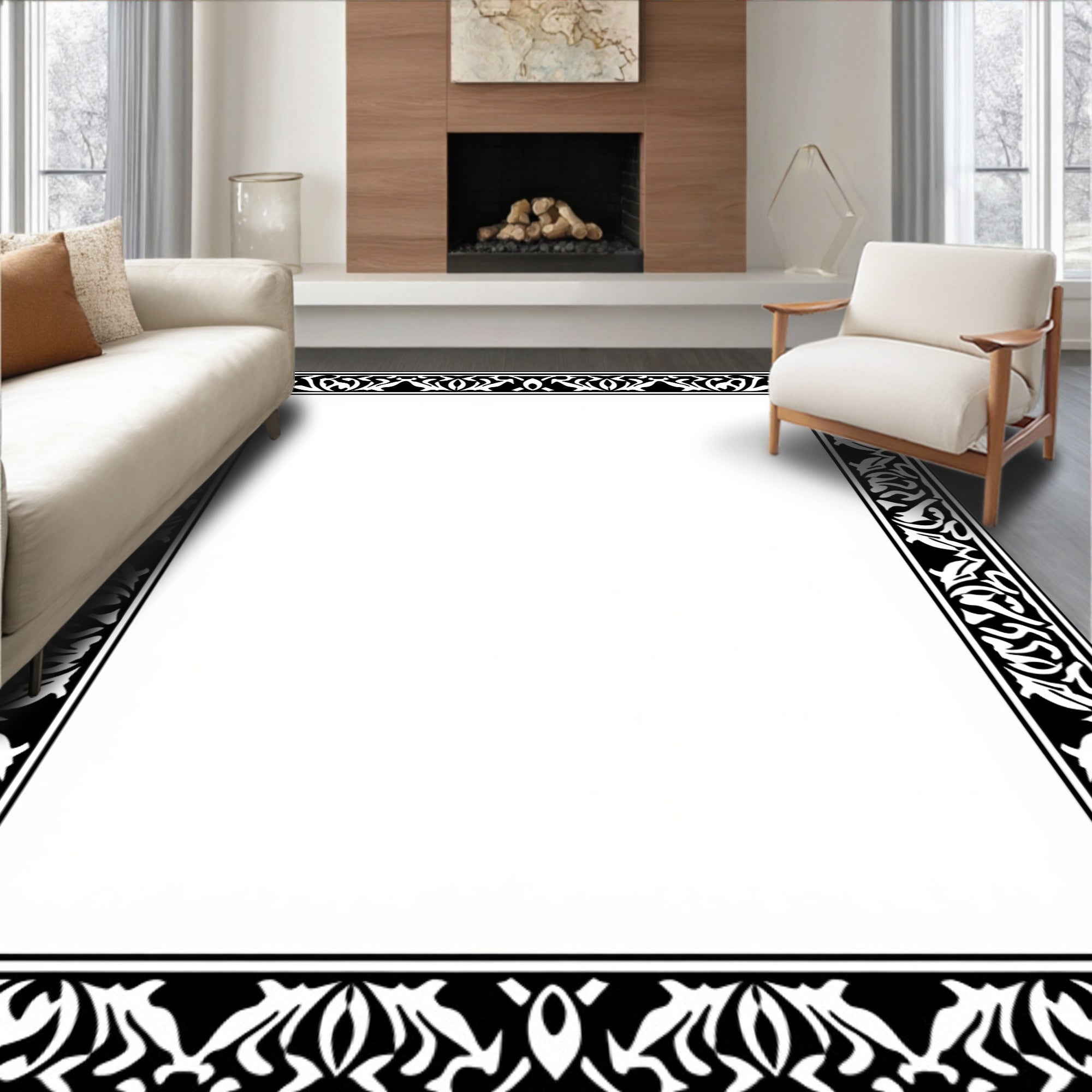 Black White Leaf Scroll Border Rug
