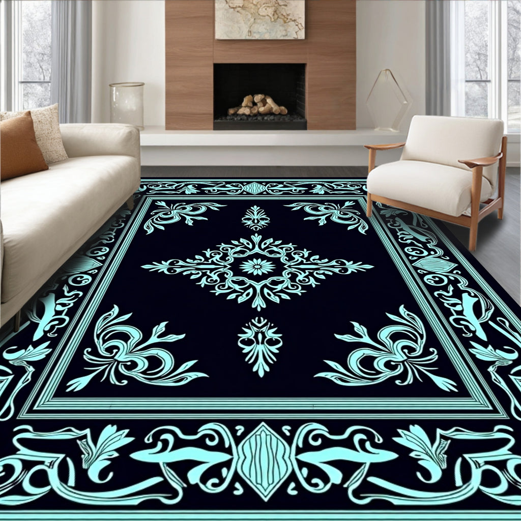 Aqua Art Nouveau Floral Scroll Rug