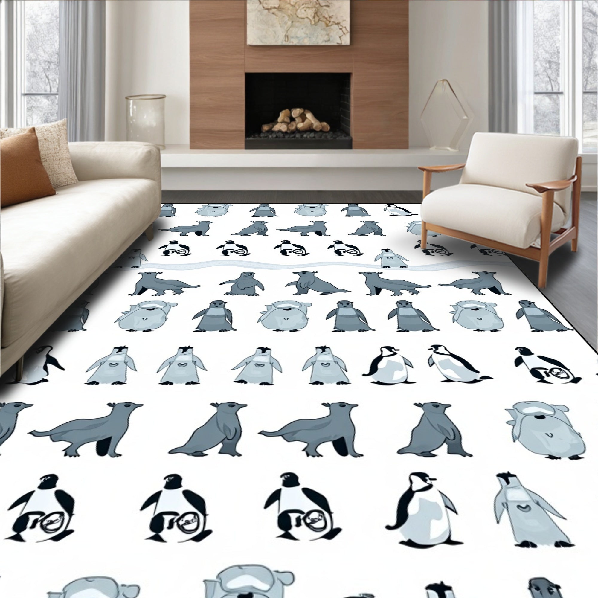 Playful Penguin Seal Colony Motif Rug