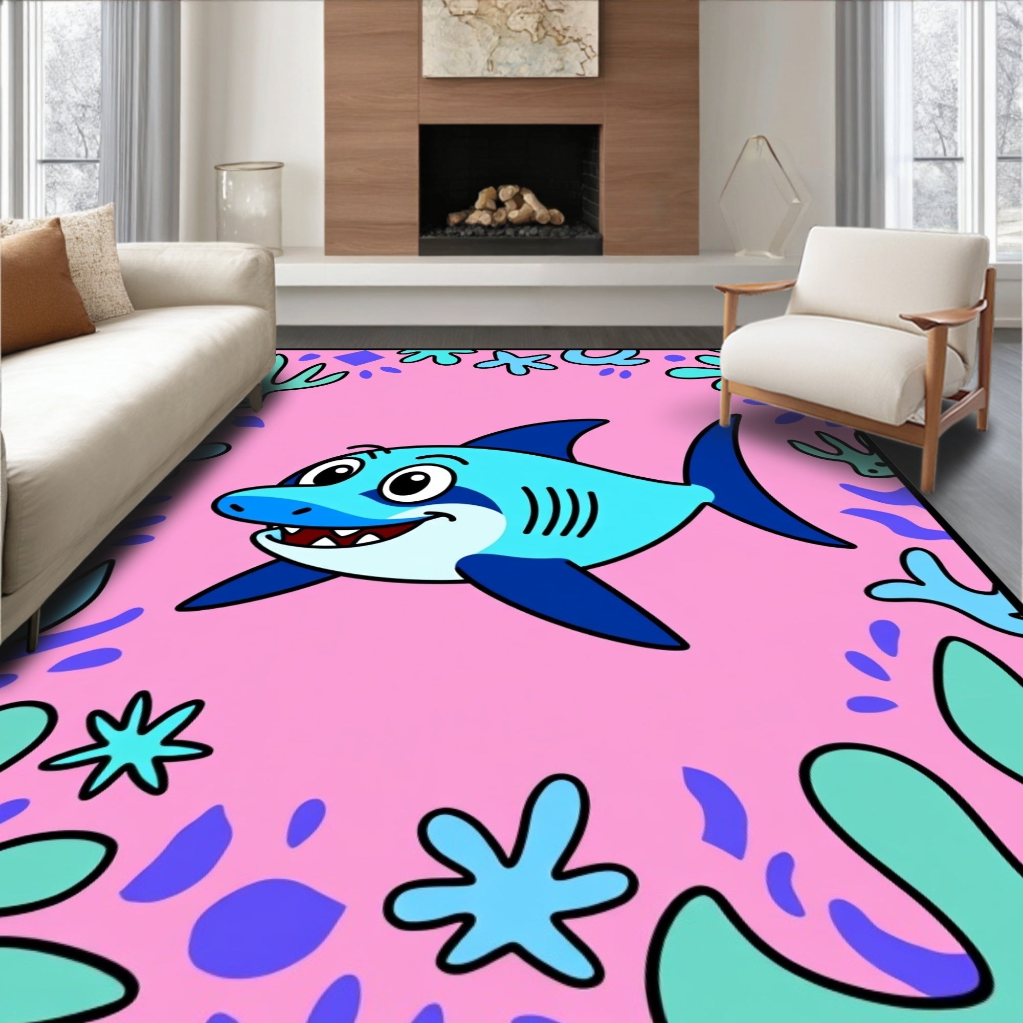 Happy Blue Shark Coral Reef Pink Rug