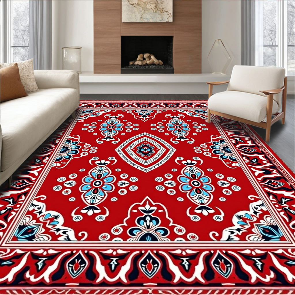 Crimson Red Symmetric Floral Border Rug