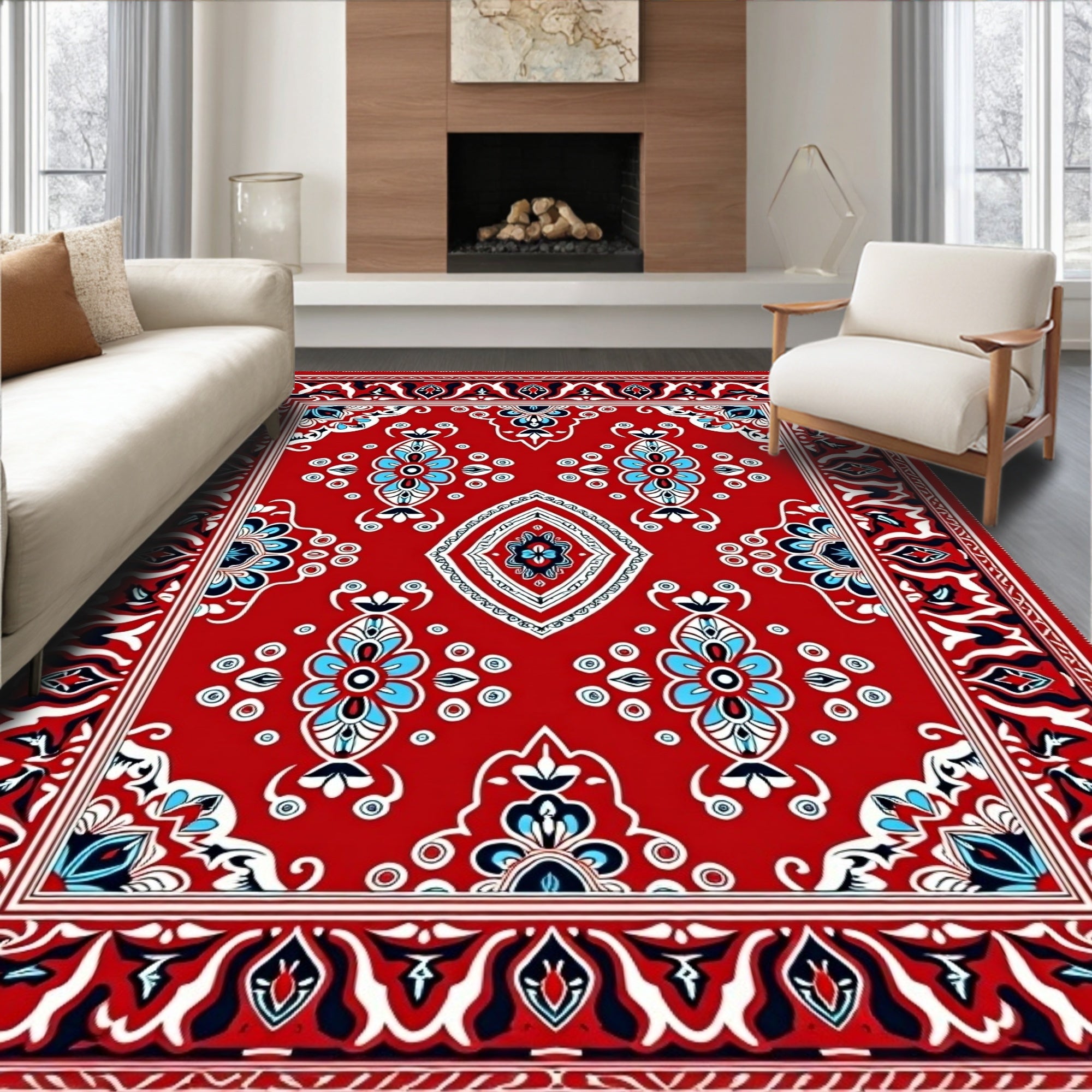 Crimson Red Symmetric Floral Border Rug