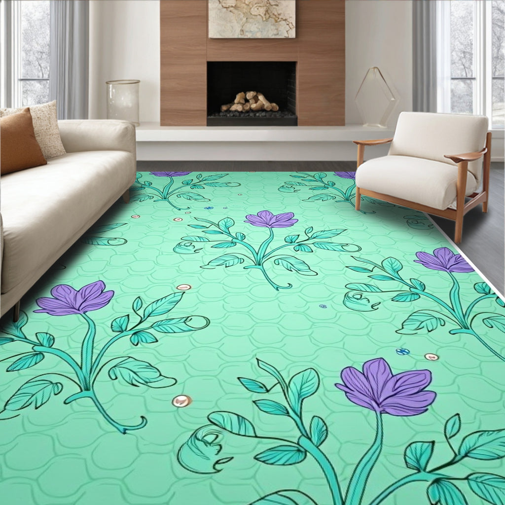Aqua Purple Floral Vine Art Rug