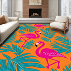 Bright Pink Flamingos Teal Palm Leaves Rug