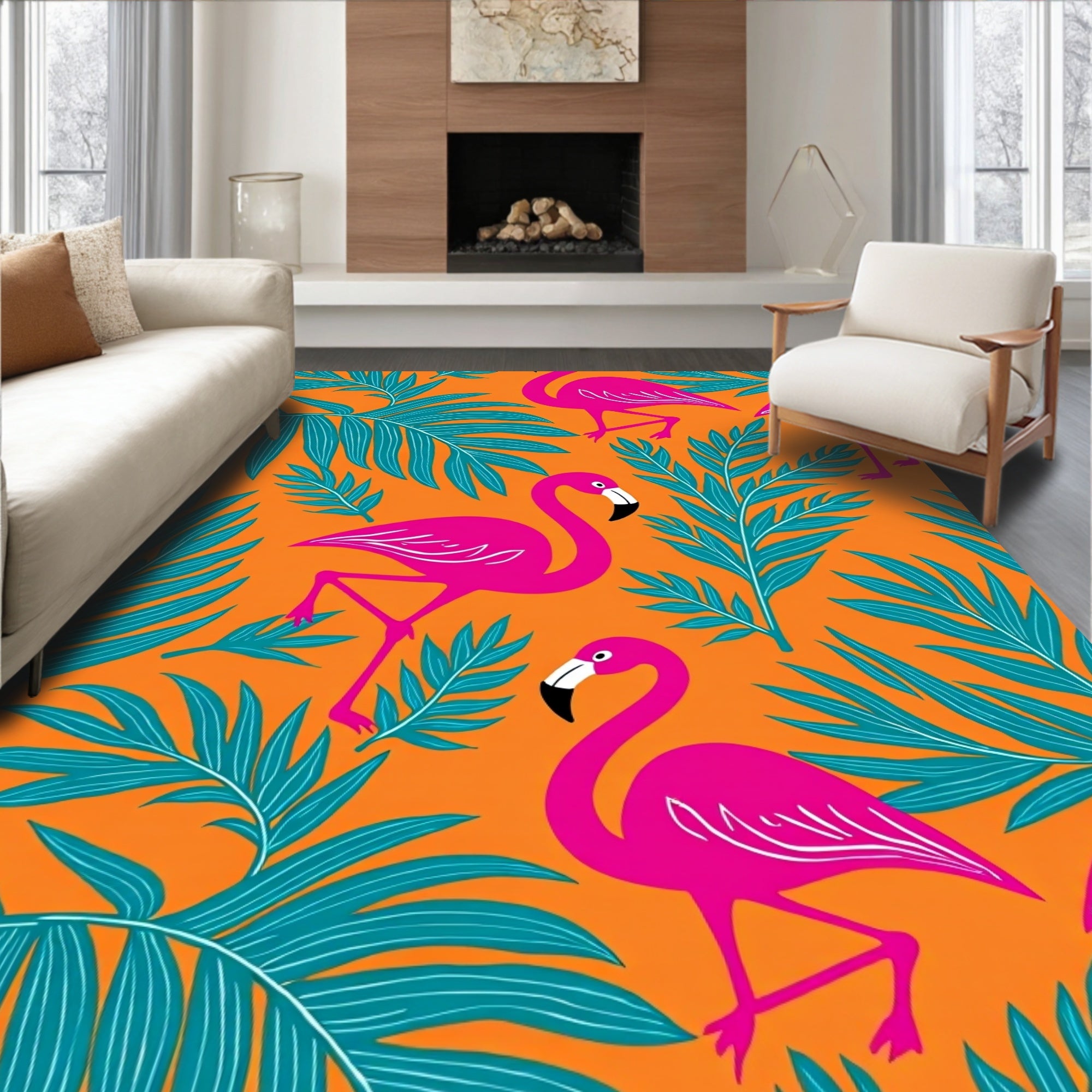 Bright Pink Flamingos Teal Palm Leaves Rug