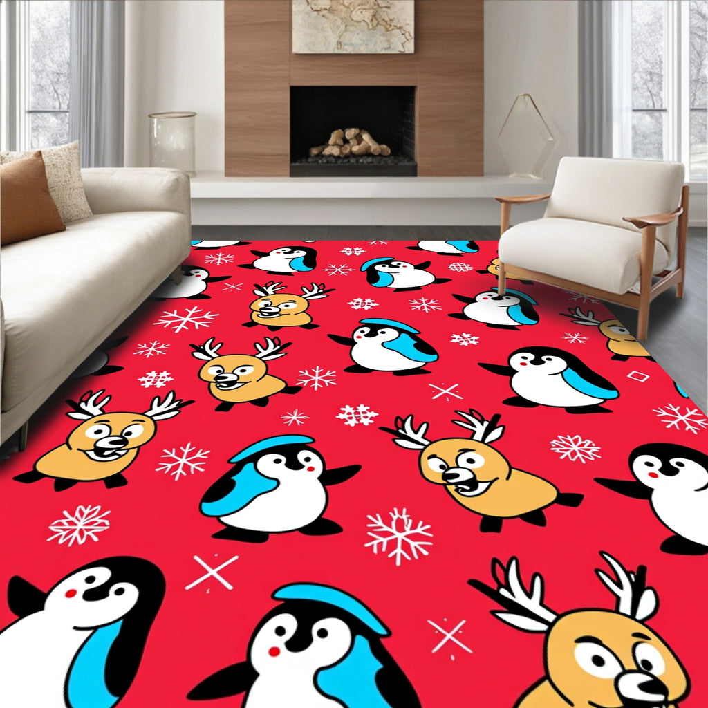 Whimsical Red Penguin Reindeer Snowflakes Rug