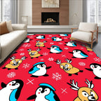 Whimsical Red Penguin Reindeer Snowflakes Rug