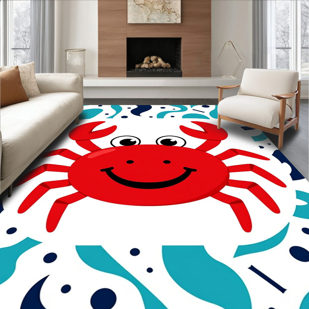 Happy Red Crab Blue Wave Accents Rug