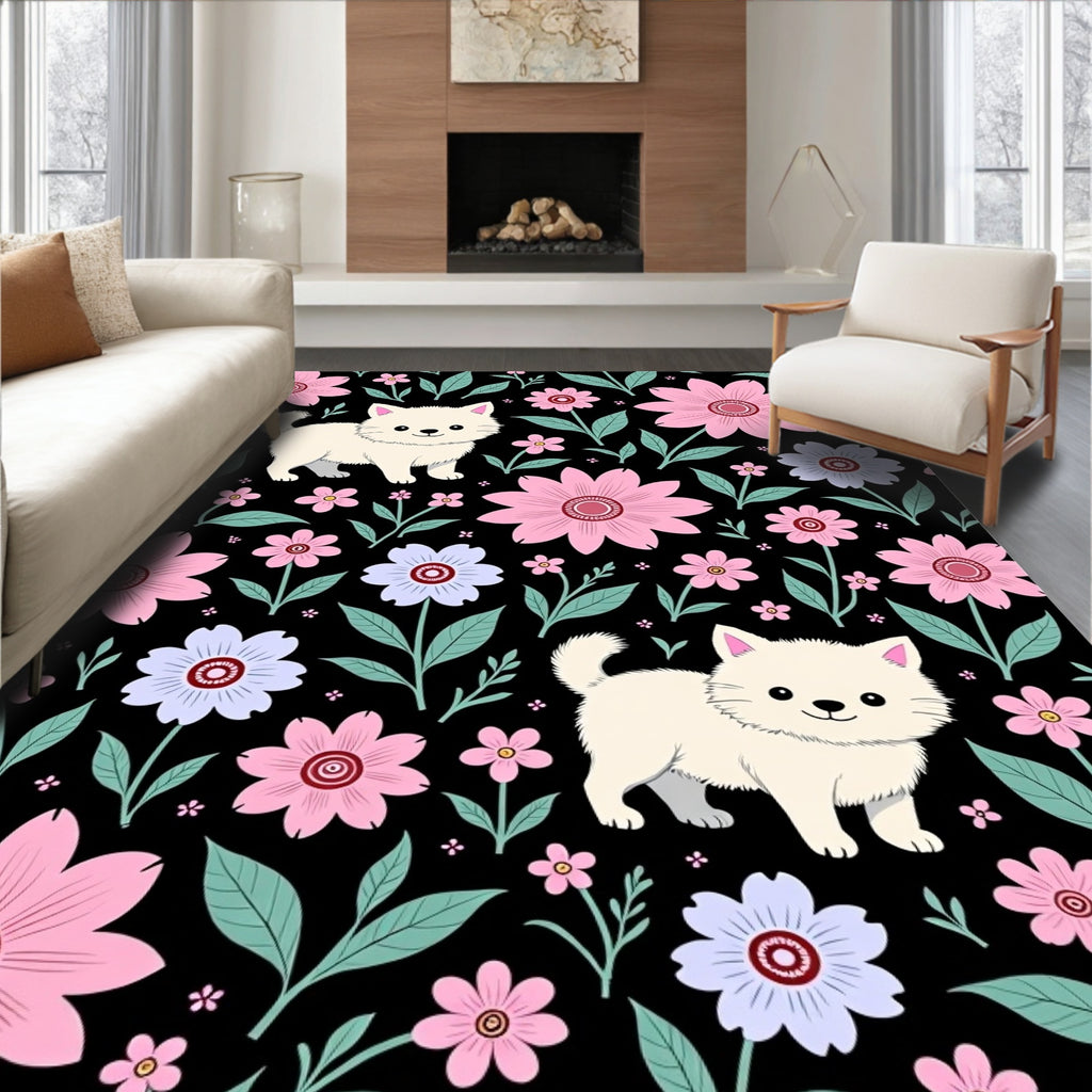 Cute Kitten Floral Botanical Garden Rug