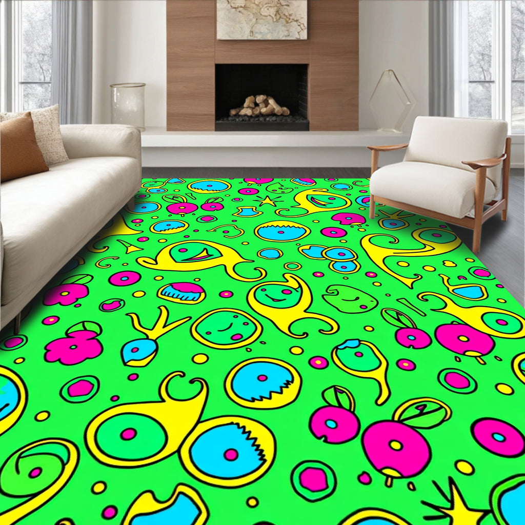 Whimsical Yellow Blue Pink Characters Rug