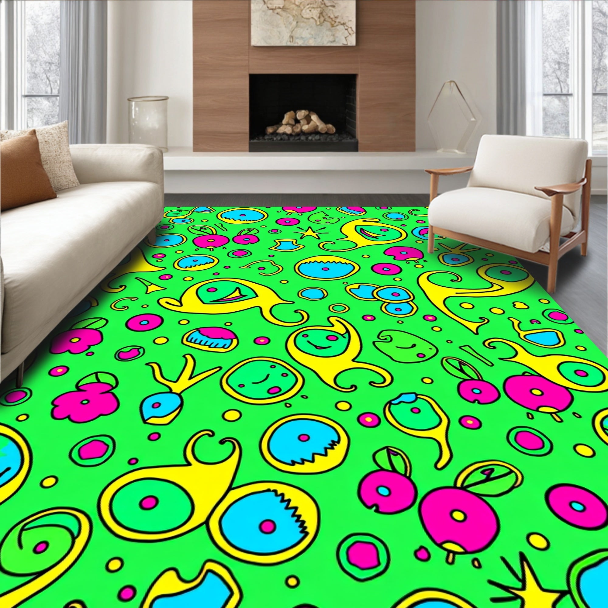 Whimsical Yellow Blue Pink Characters Rug
