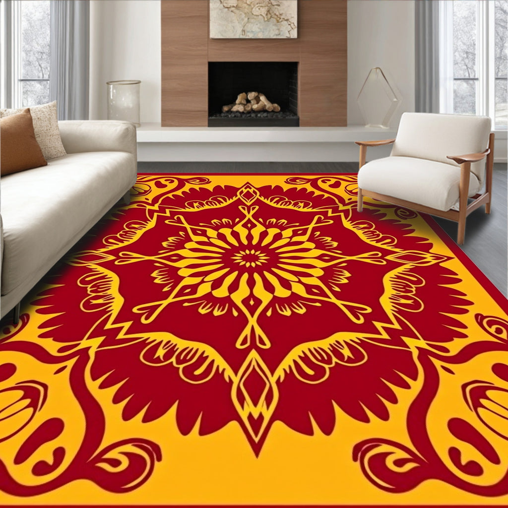 Crimson Yellow Mandala Sunburst Rug