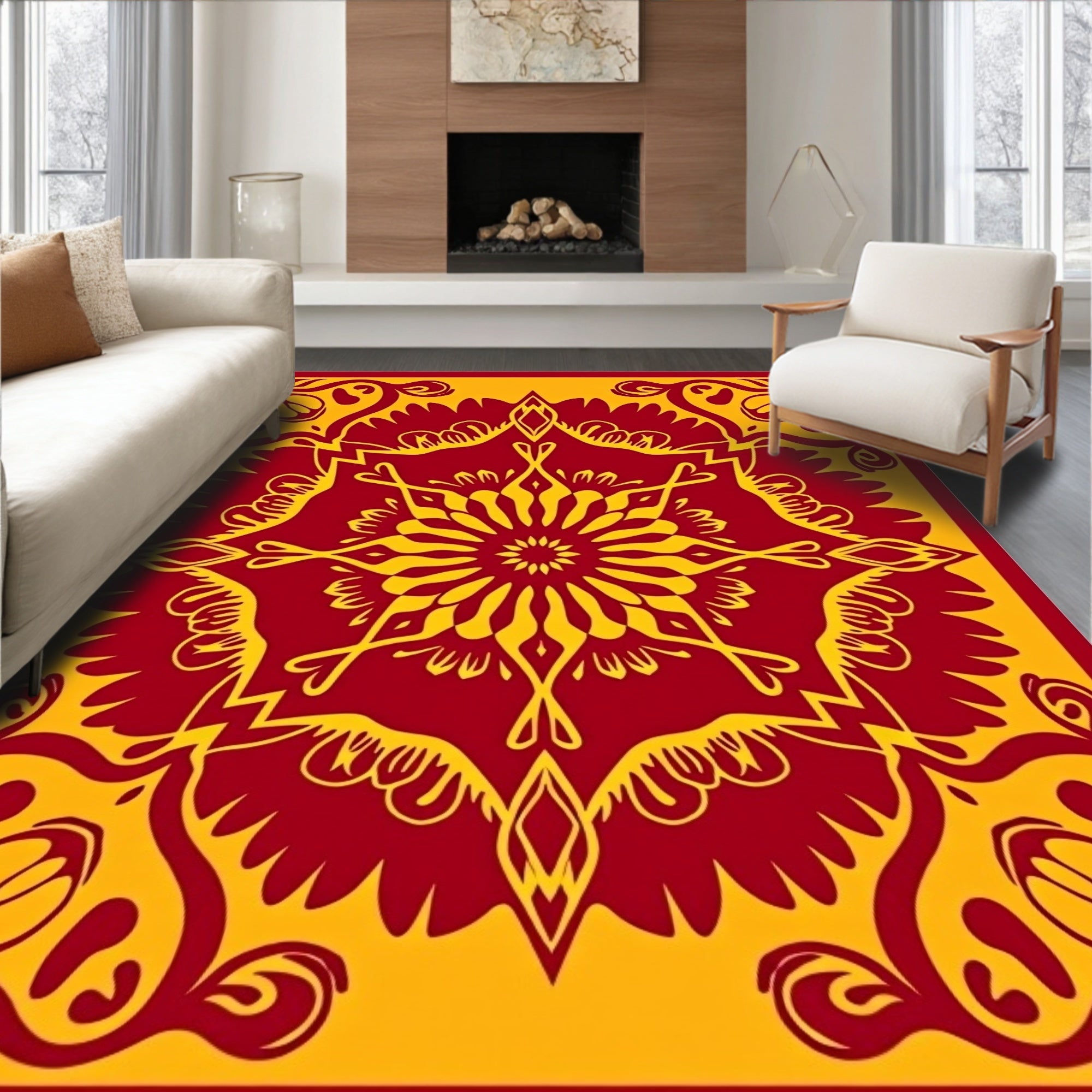 Crimson Yellow Mandala Sunburst Rug