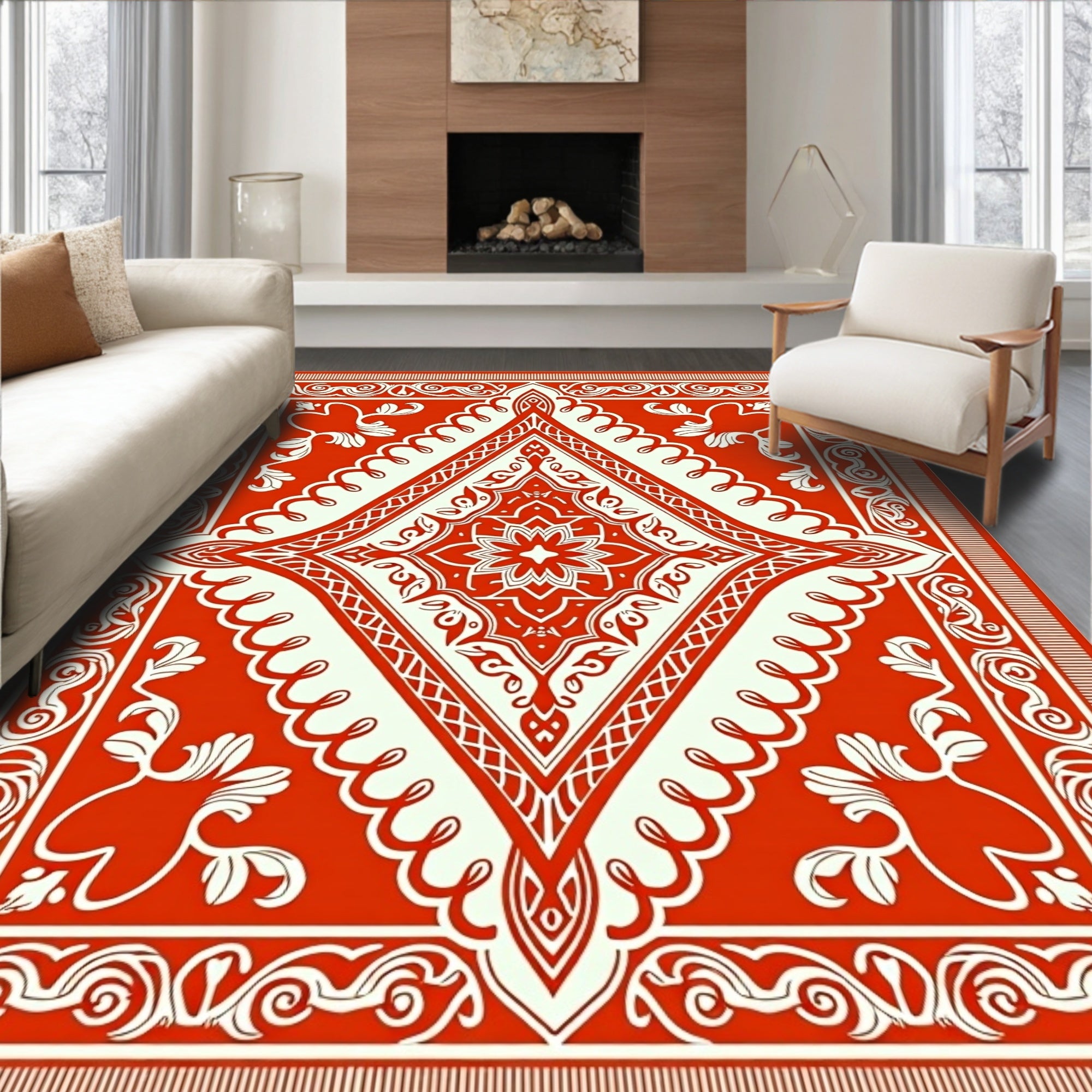 Vibrant Red Scrollwork Medallion Rug