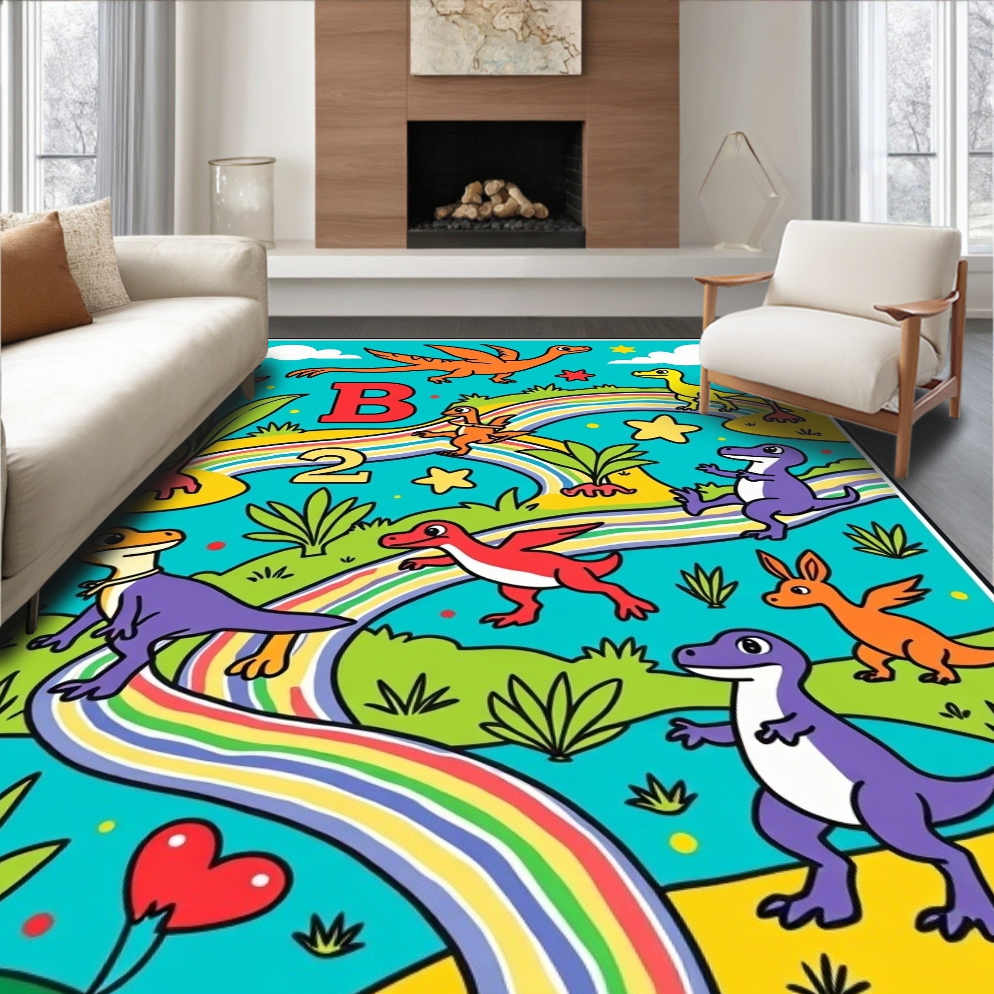 Playful Dinosaur Rainbow Landscape Rug