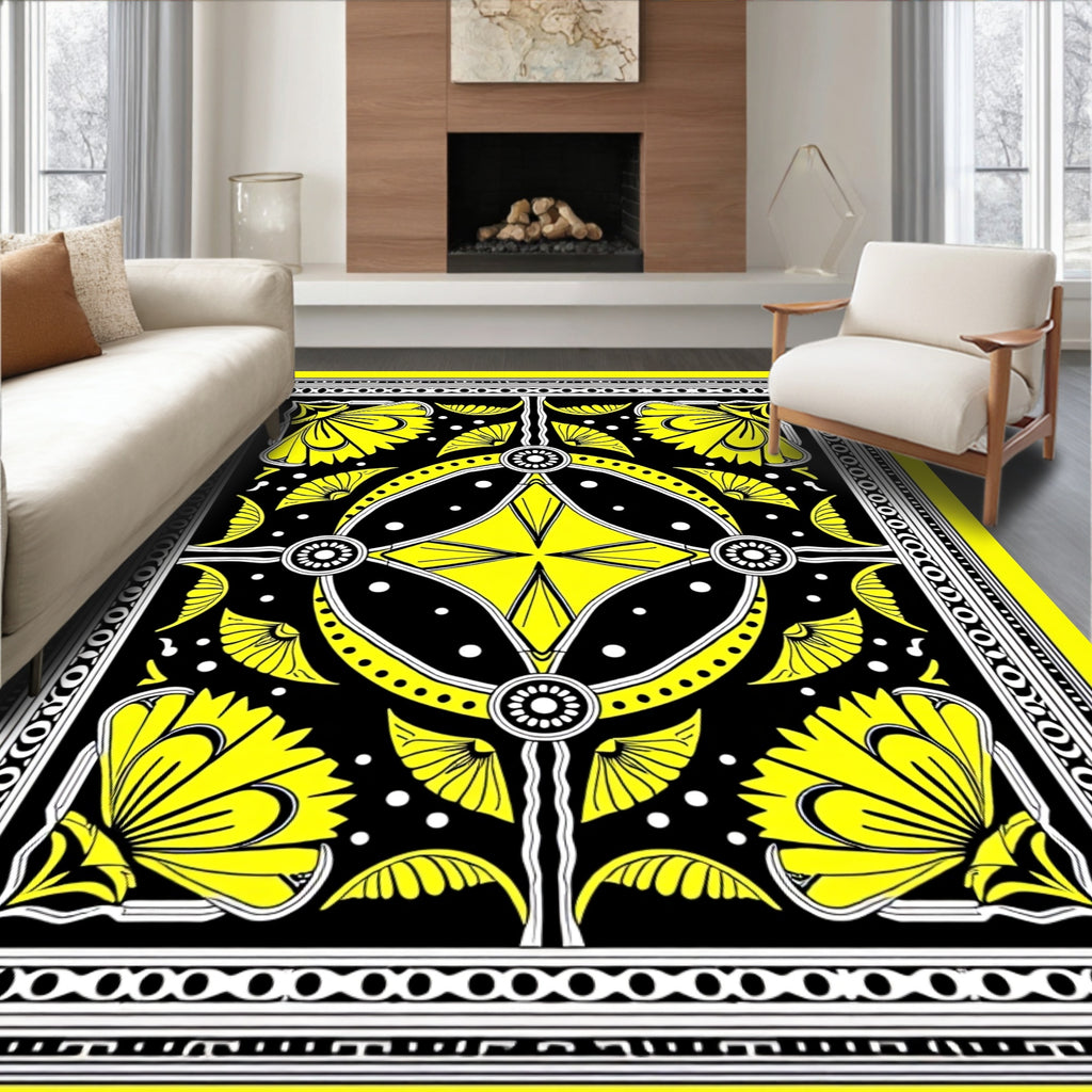 Vibrant Yellow Black Floral Frame Rug