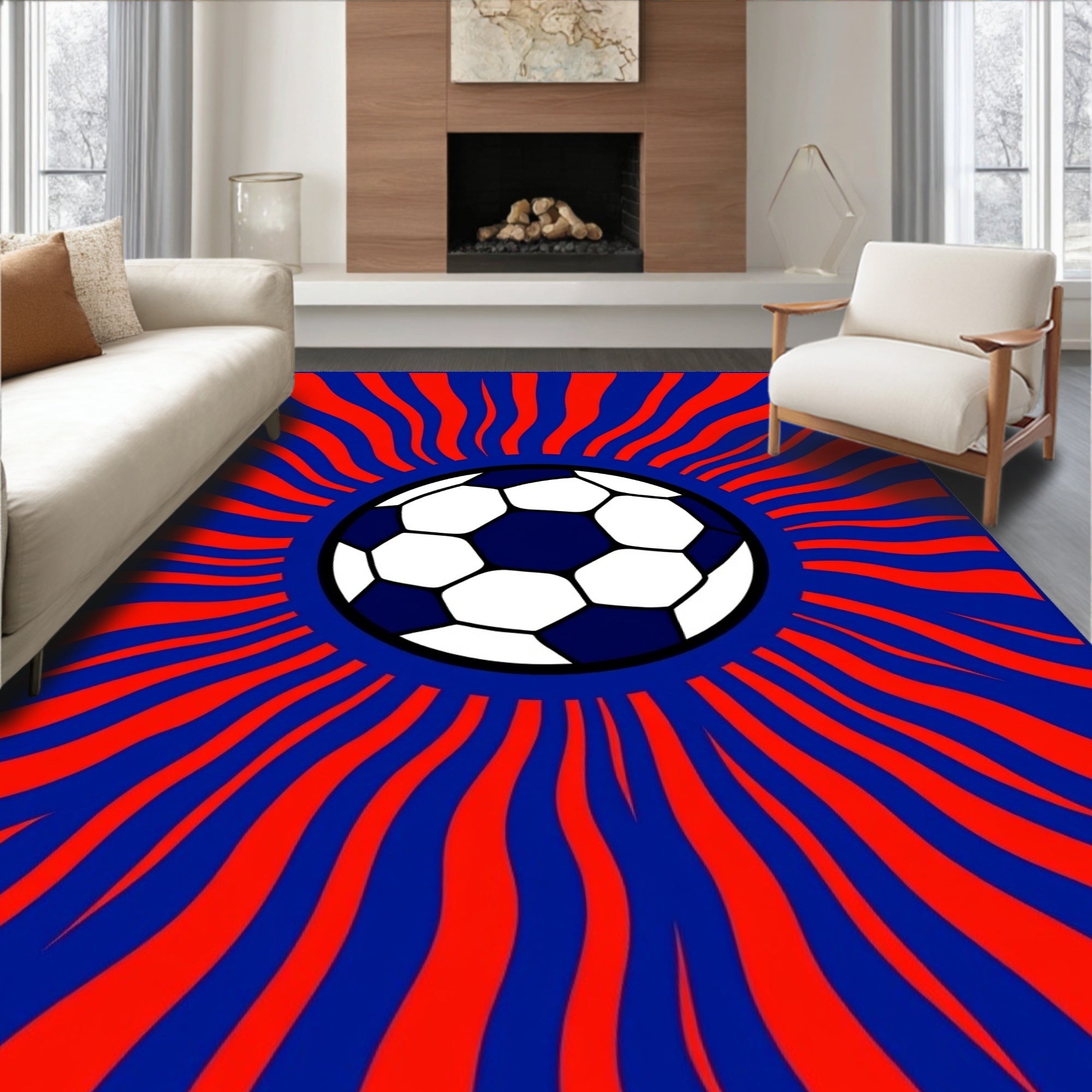 Retro Red Blue Sunburst Soccer Ball Rug