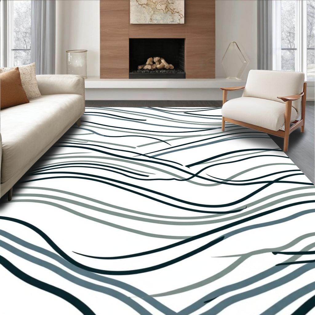 Deep Teal Abstract Wavy Lines Rug