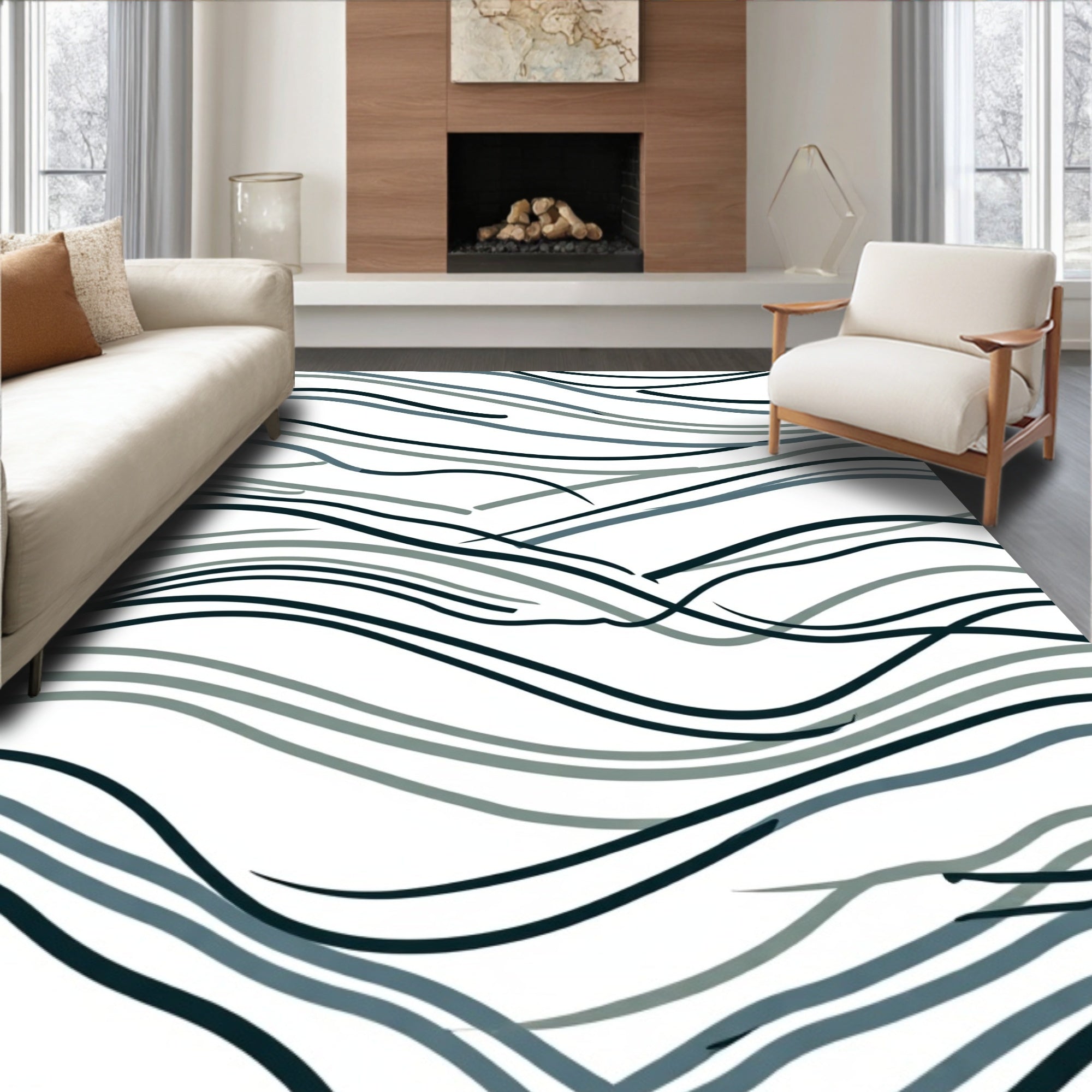 Deep Teal Abstract Wavy Lines Rug