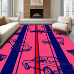 Retro Cars Pink Navy Stripe Rug