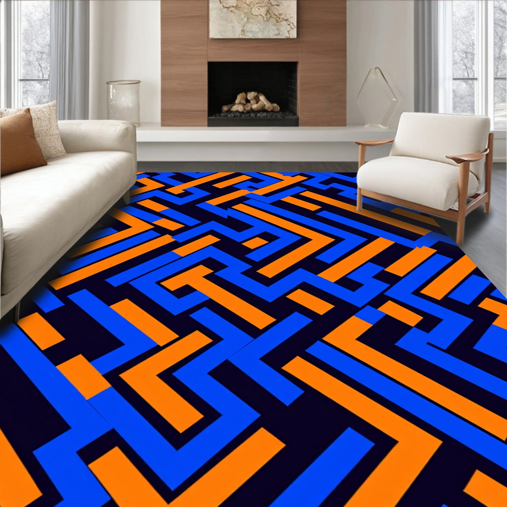 Bold Orange Blue Geometric Maze Rug