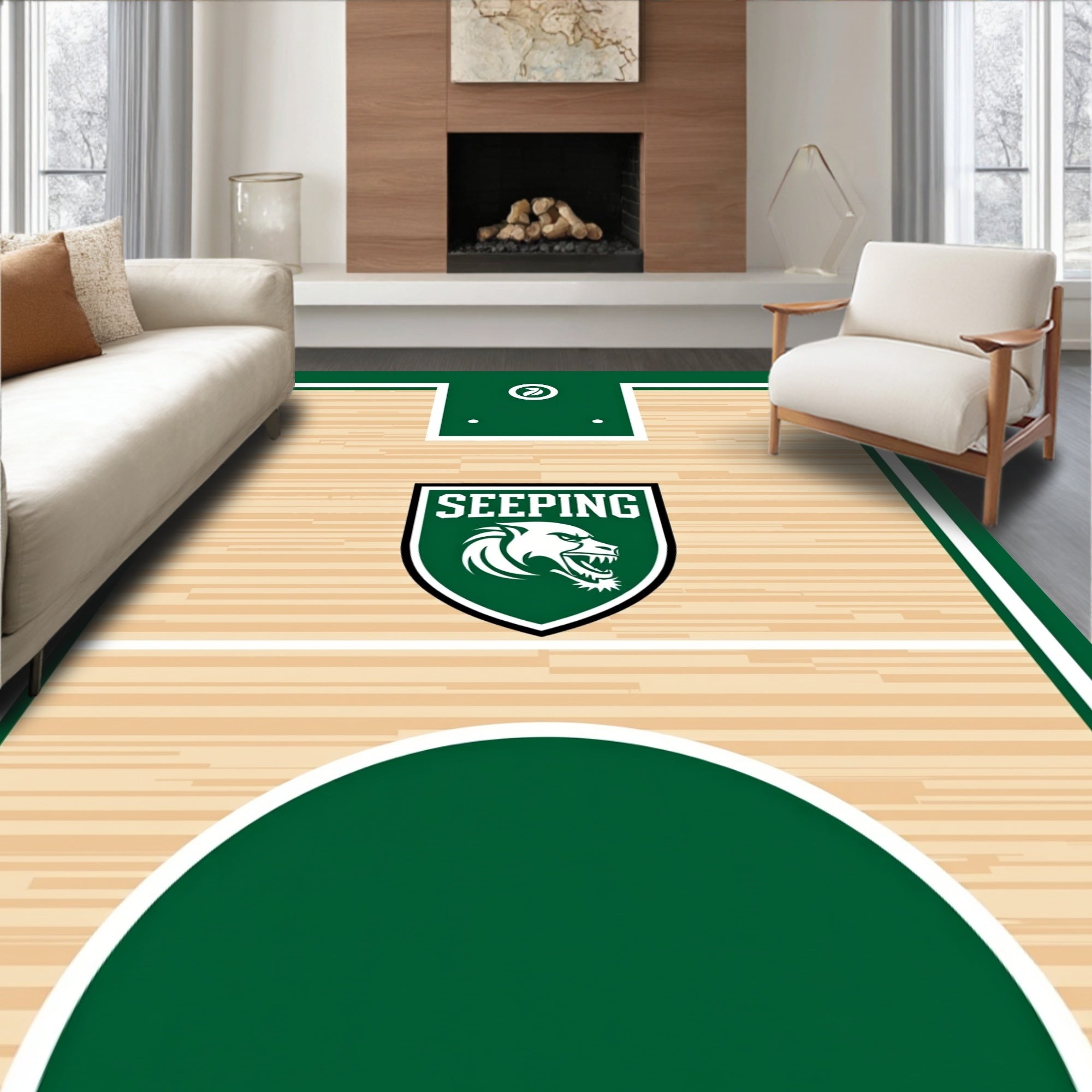 Green White Shield Lion Court Rug