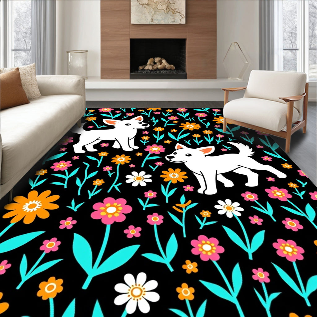 Playful White Dogs Floral Bloom Rug