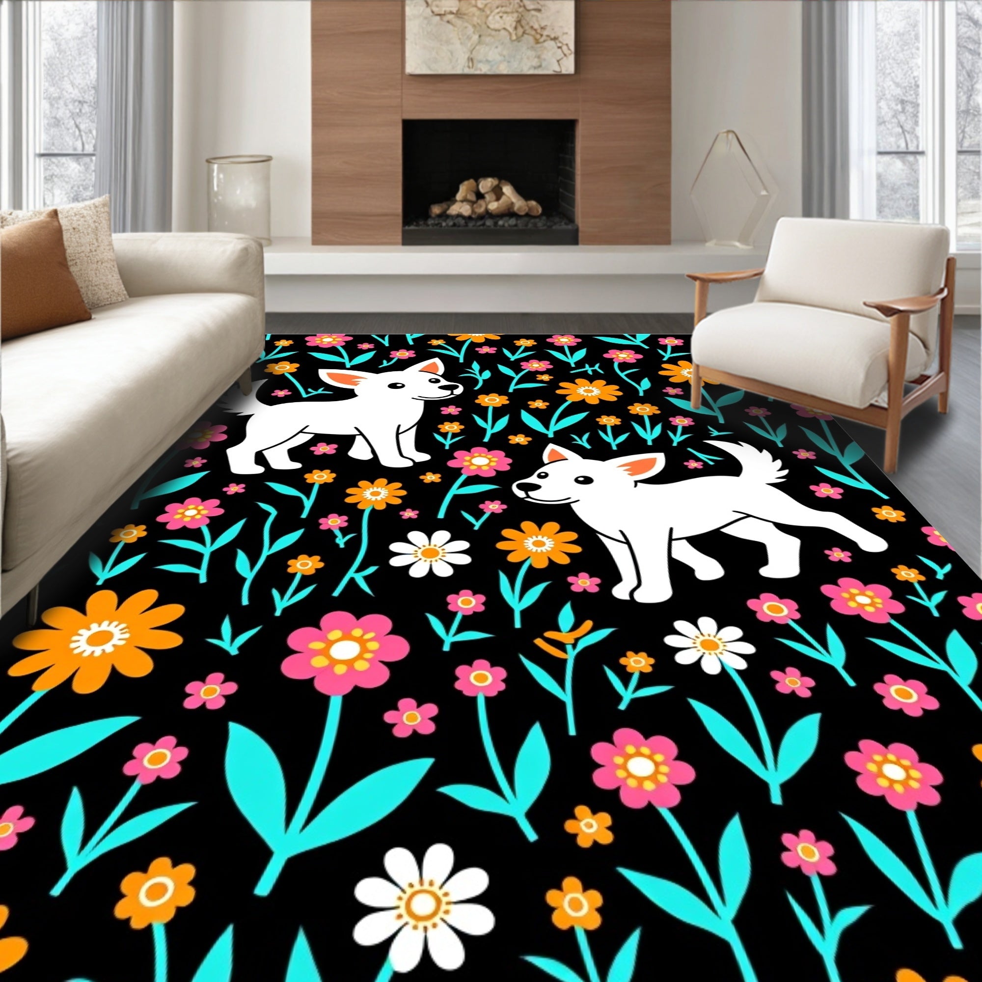 Playful White Dogs Floral Bloom Rug