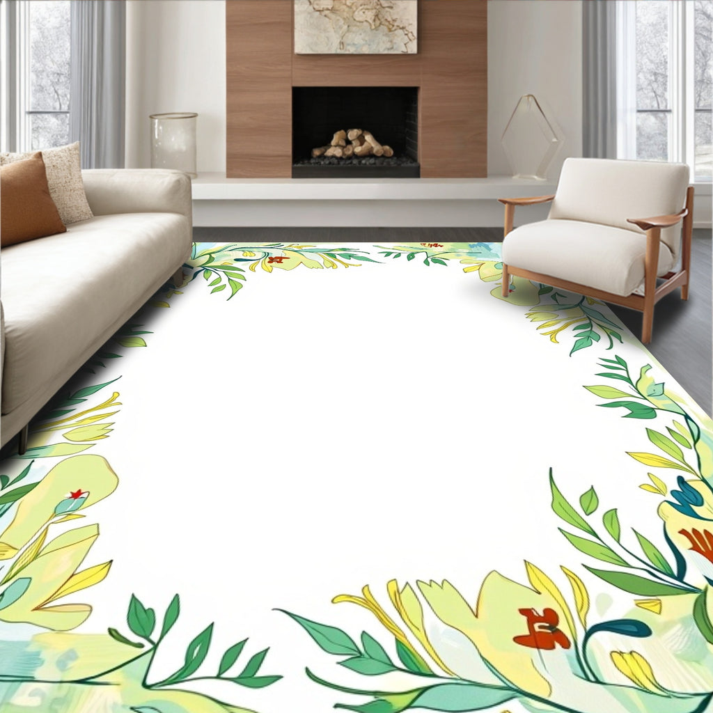 Light Green Floral Vine Border Rug