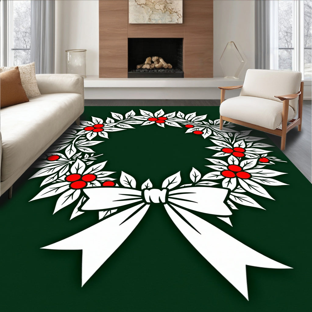 Festive Green Holly Berry Wreath Bow Rug