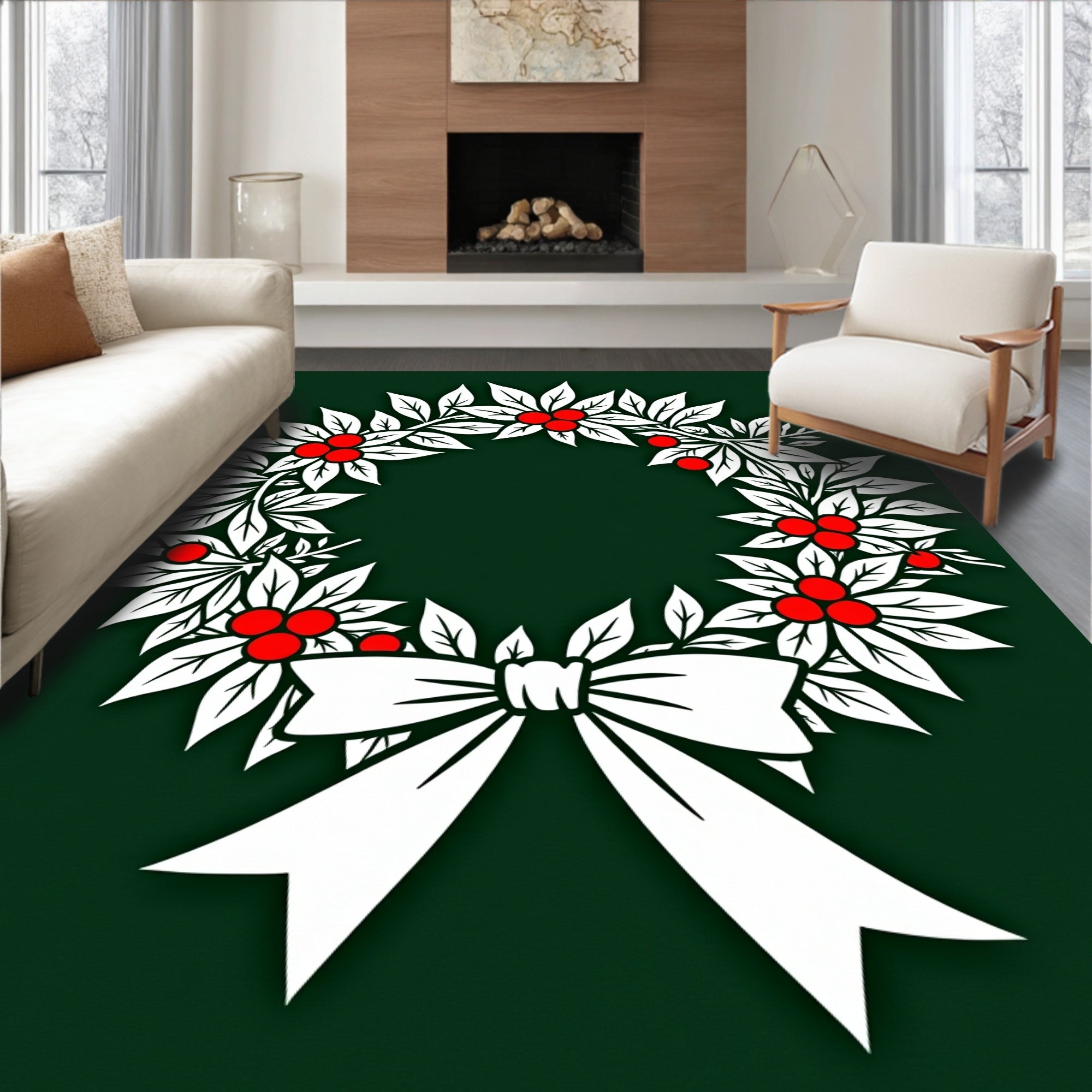 Festive Green Holly Berry Wreath Bow Rug