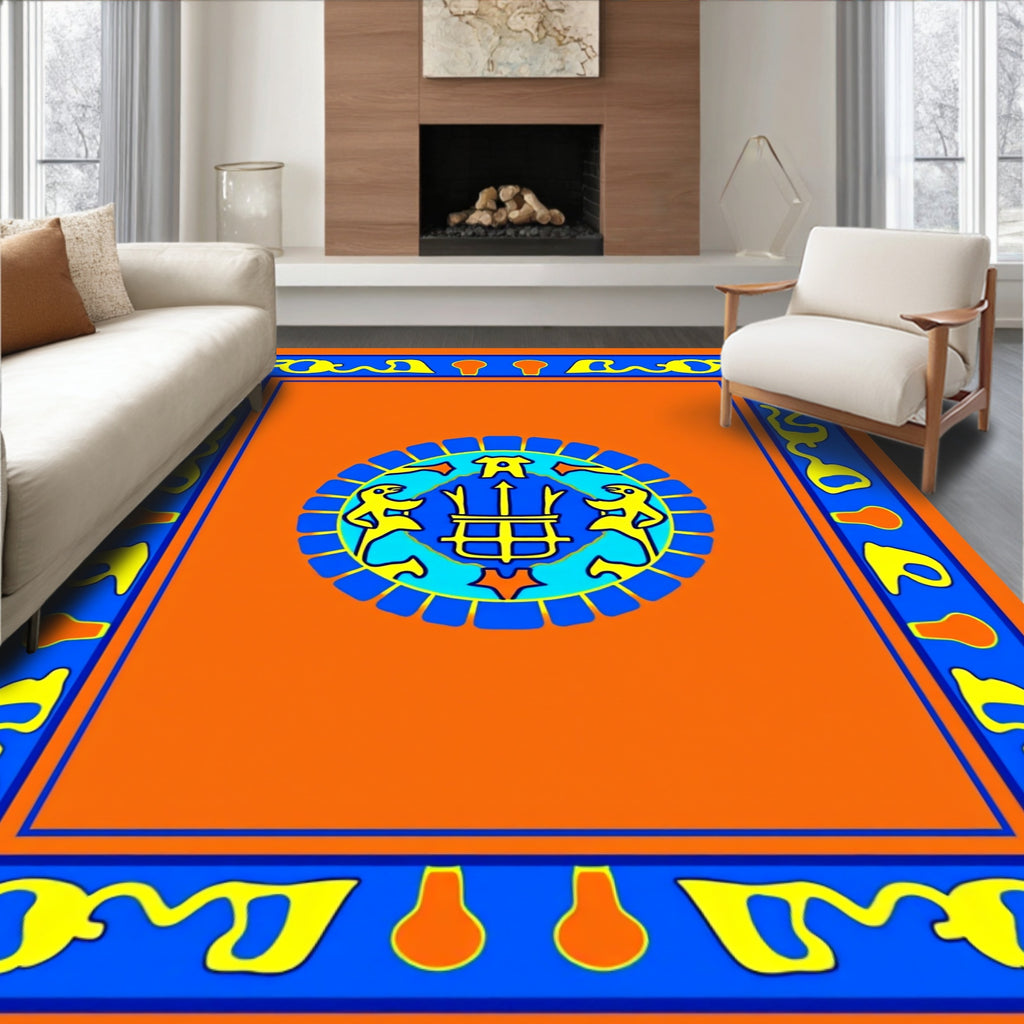 Vibrant Orange Blue Yellow Medallion Border Rug