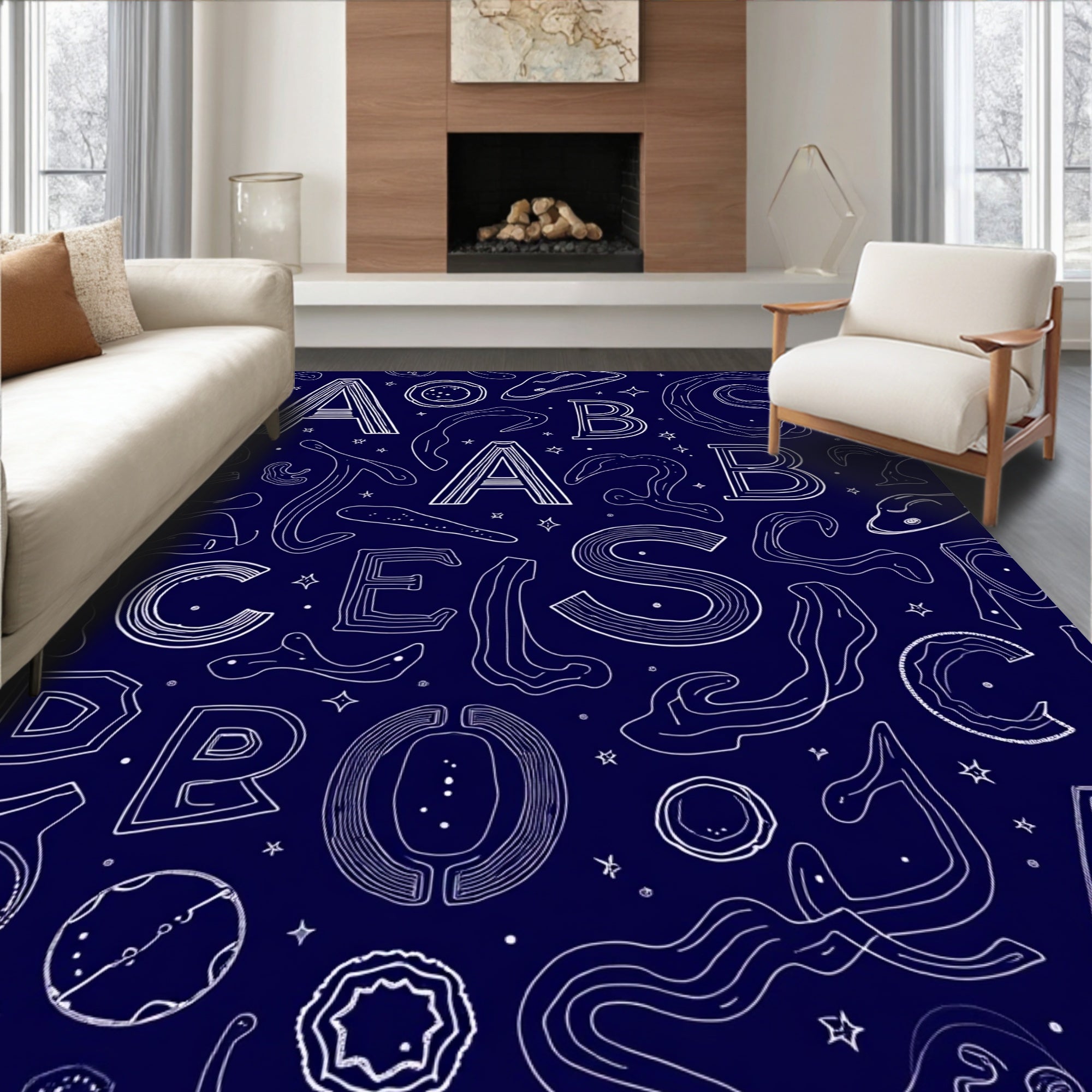 Navy Blue Alphabet Organic Shape Rug