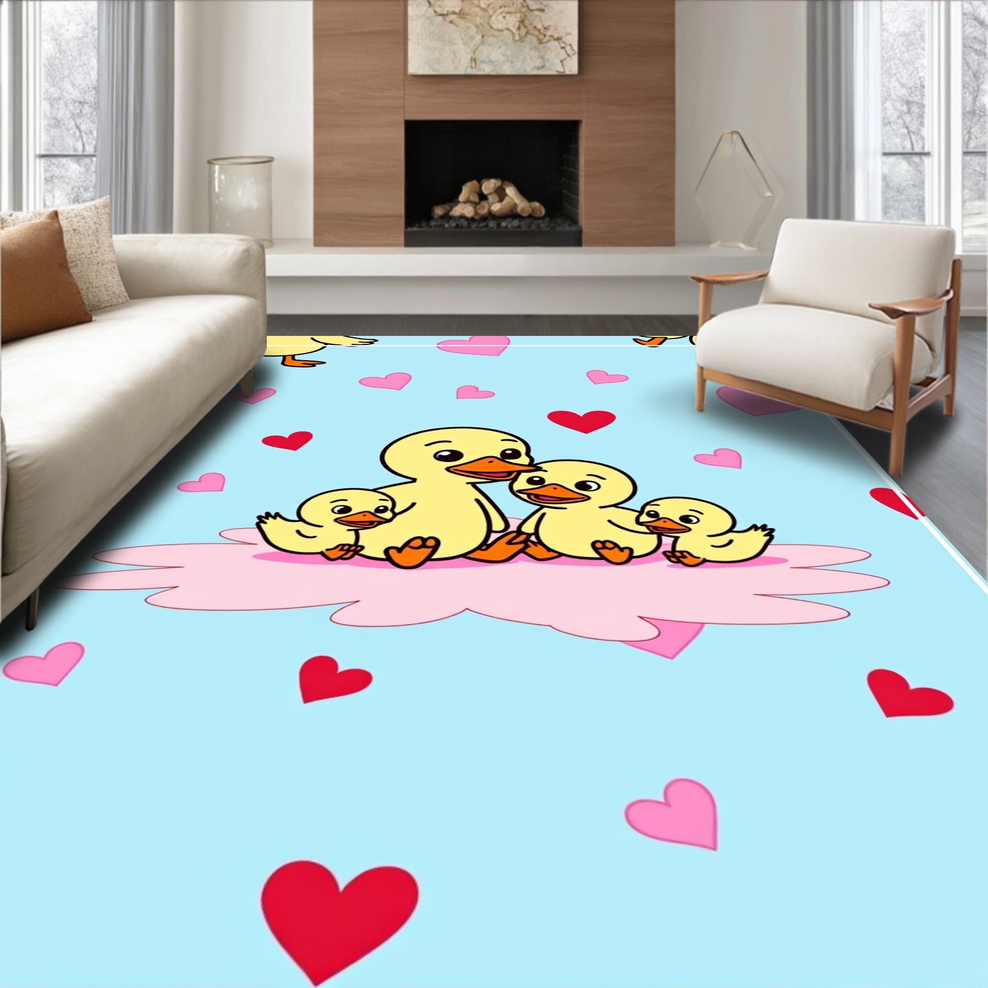 Cute Duck Family Hearts Background Rug