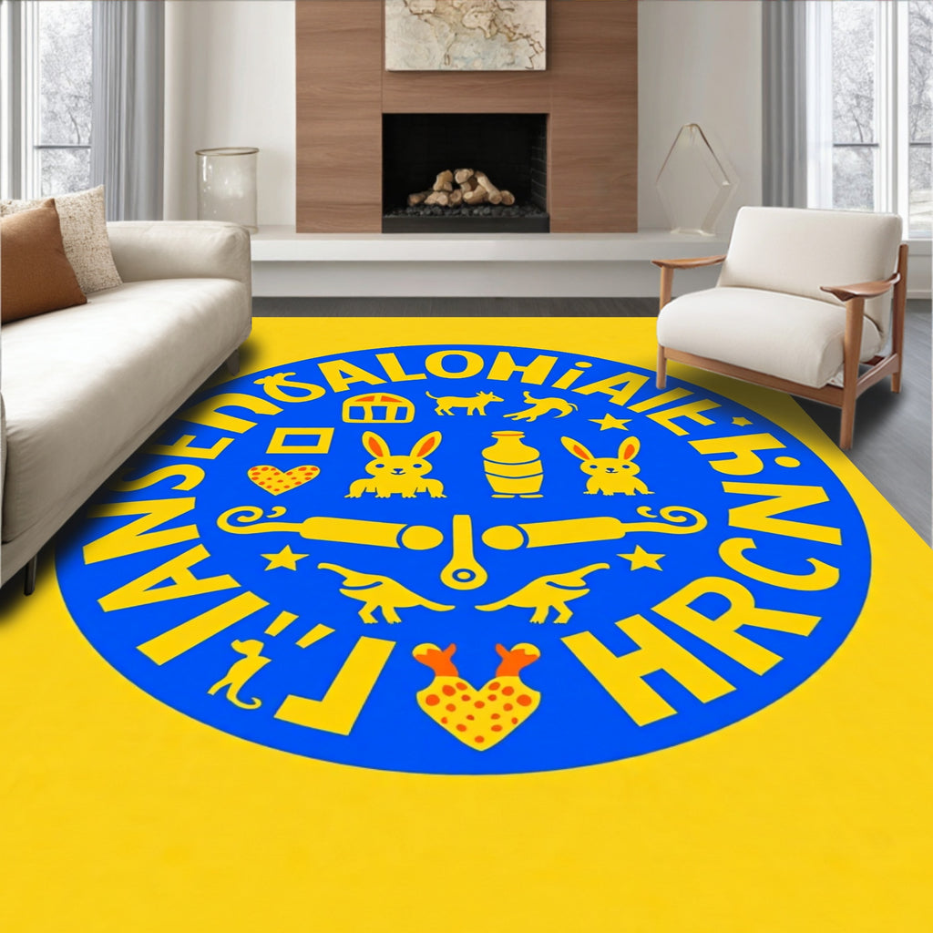 Yellow Blue Whimsical Animal Circle Art Rug