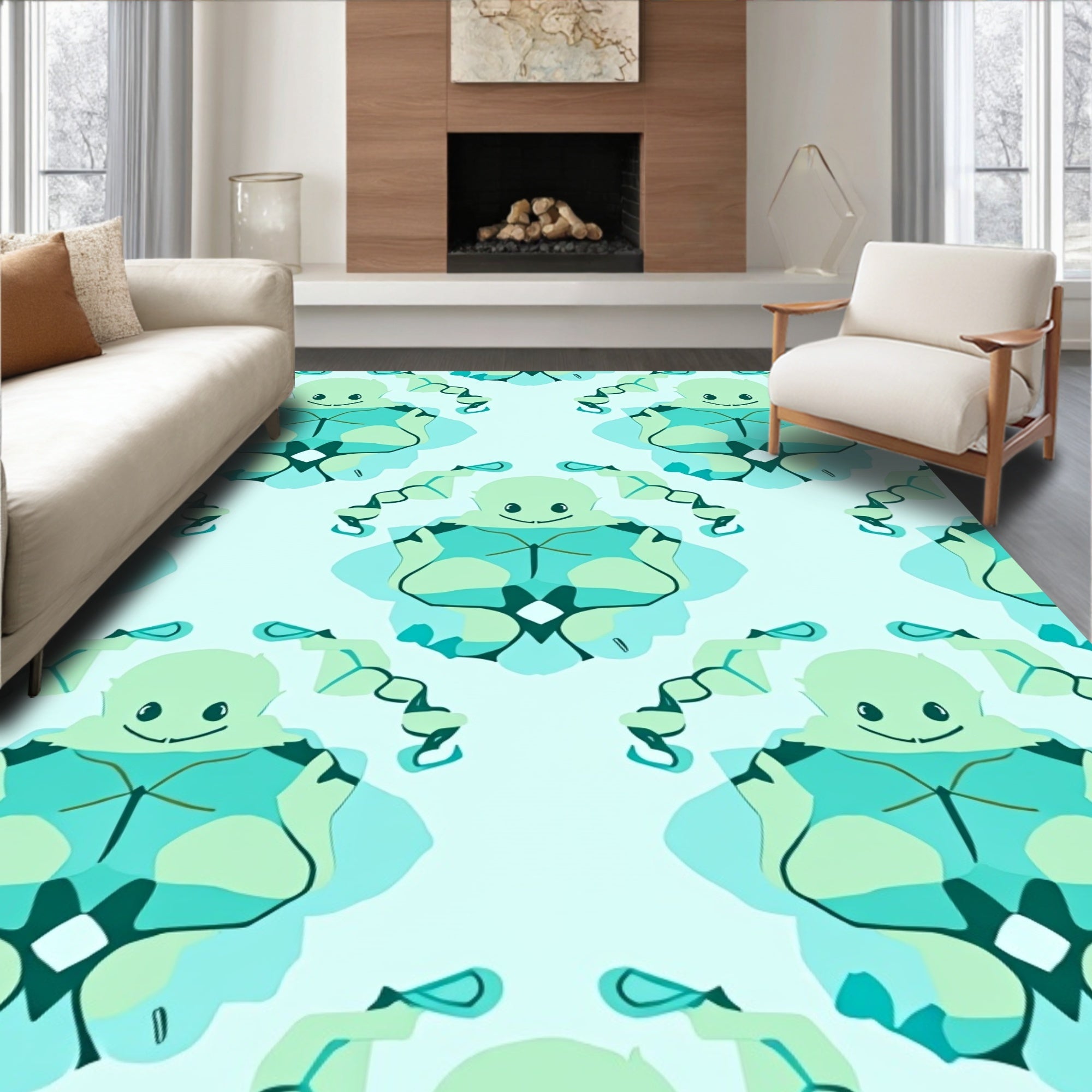 Light Blue Cartoon Figure Symmetry Rug