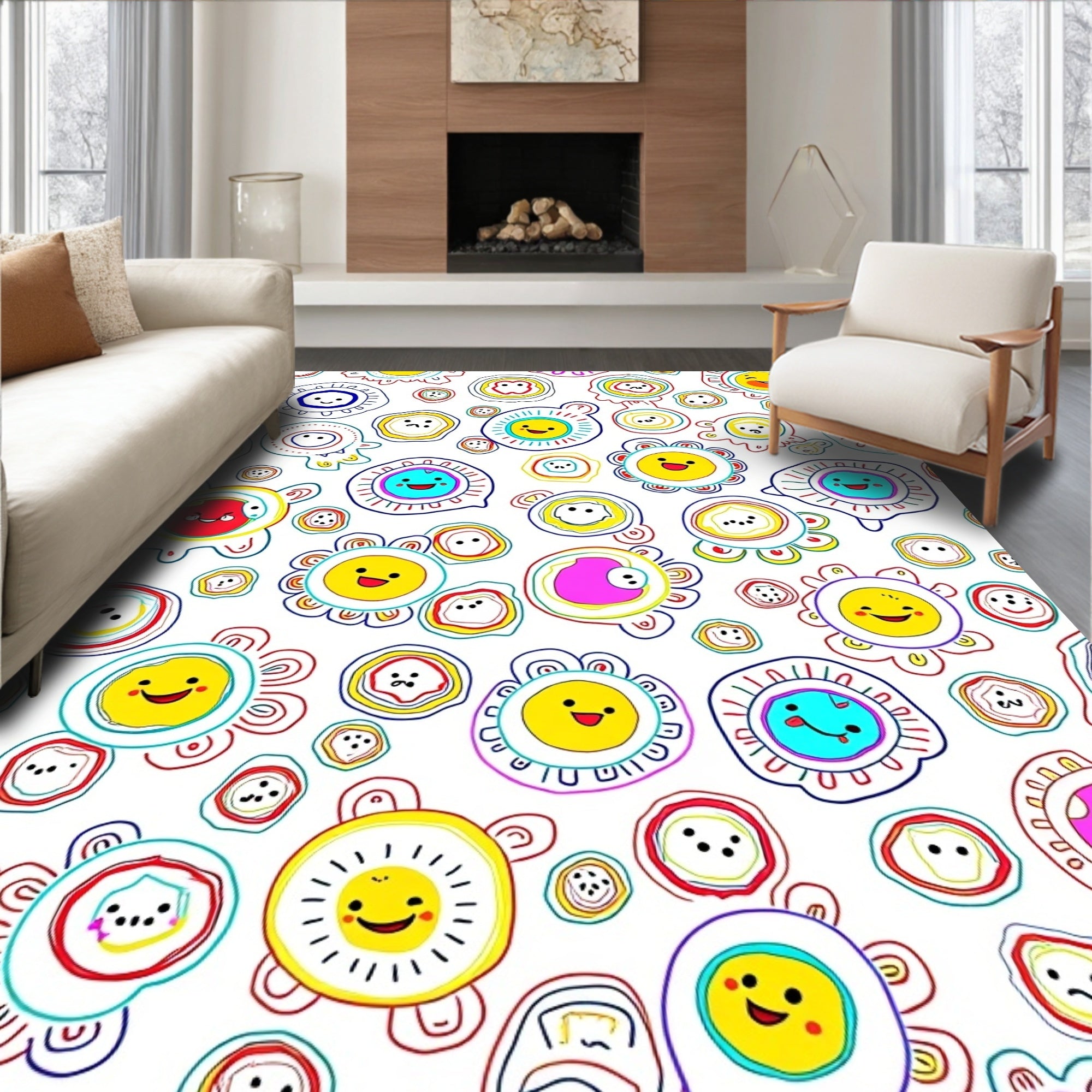 Whimsical Happy Faces Smiley Circle Collage Rug