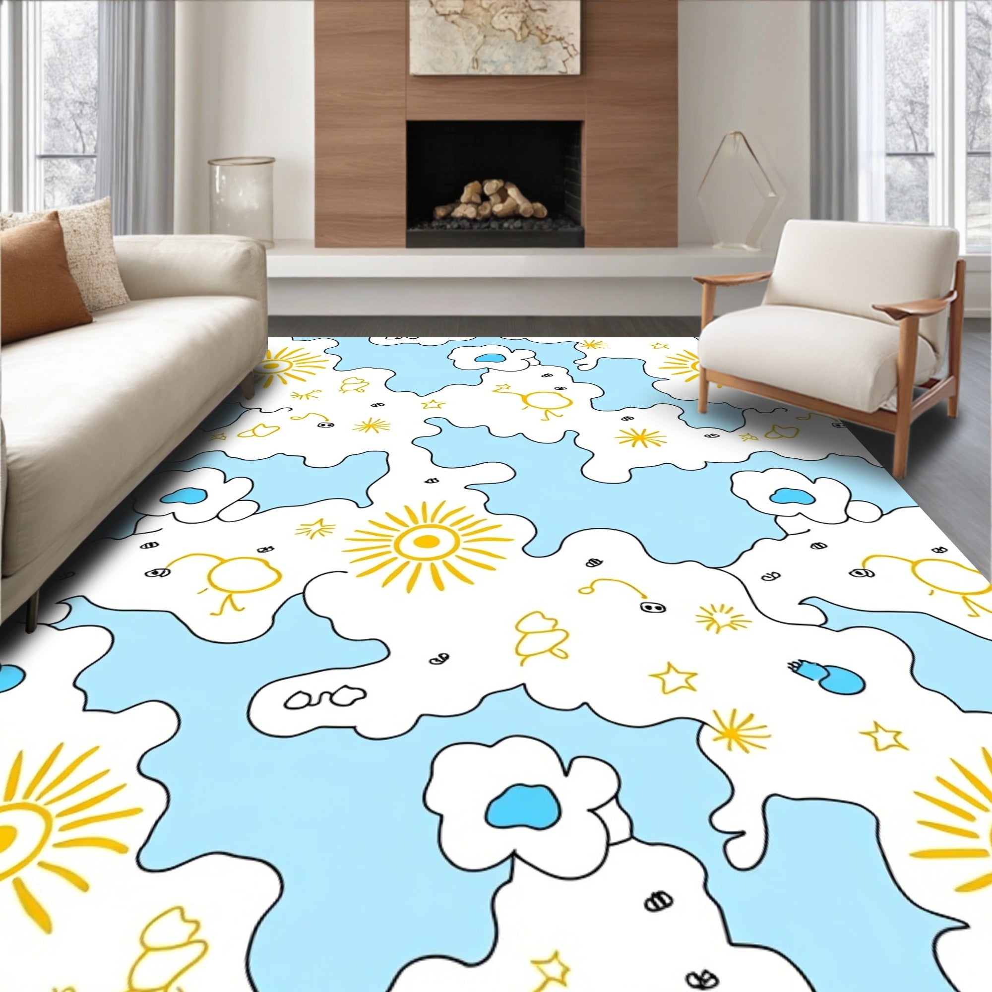 Whimsical Yellow Sun Cloudscape Rug