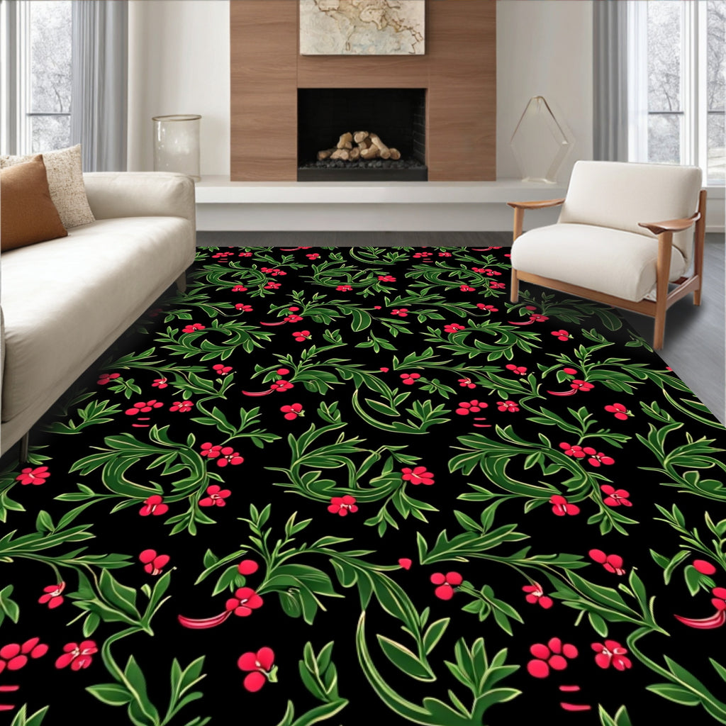 Emerald Green Red Berry Vines Rug