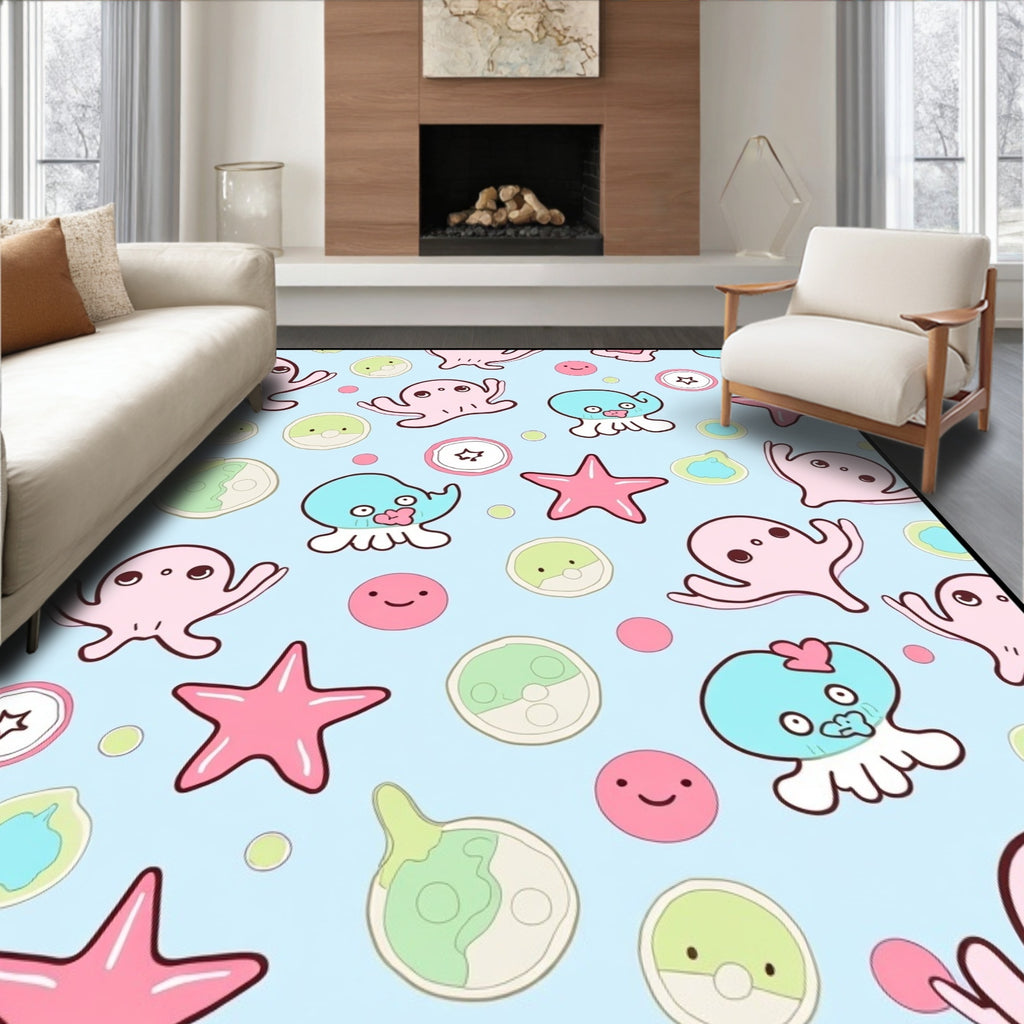 Cute Pink Blue Ocean Creatures Rug