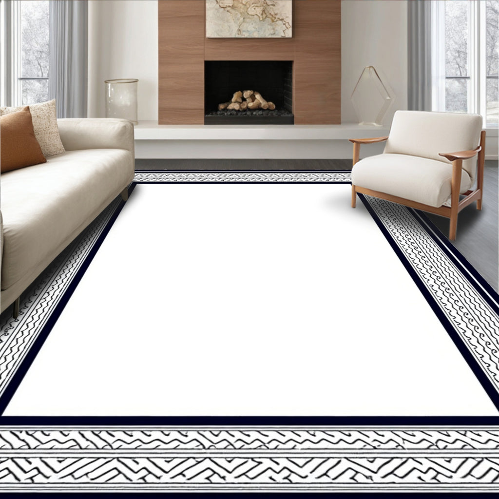 Deep Blue Geometric Border Rug