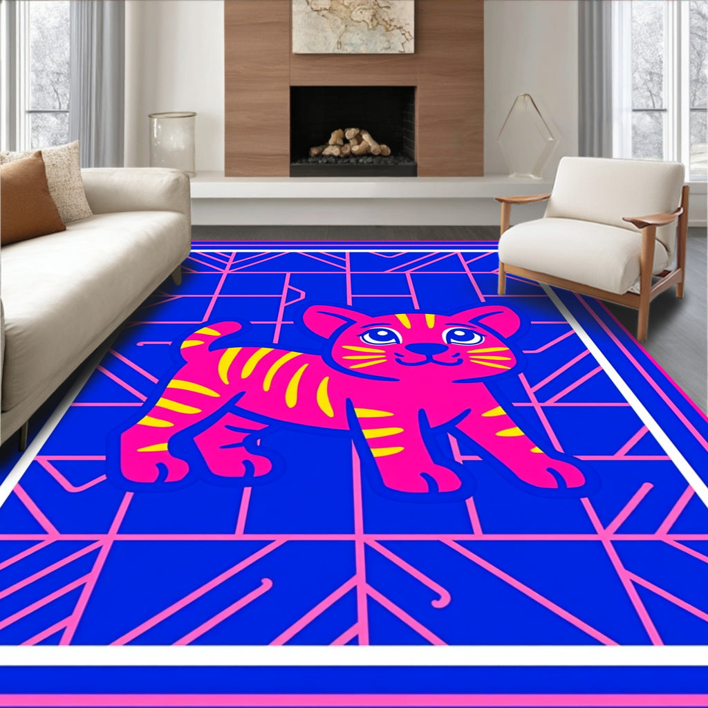 Bright Pink Tiger Cub Geometric Background Rug