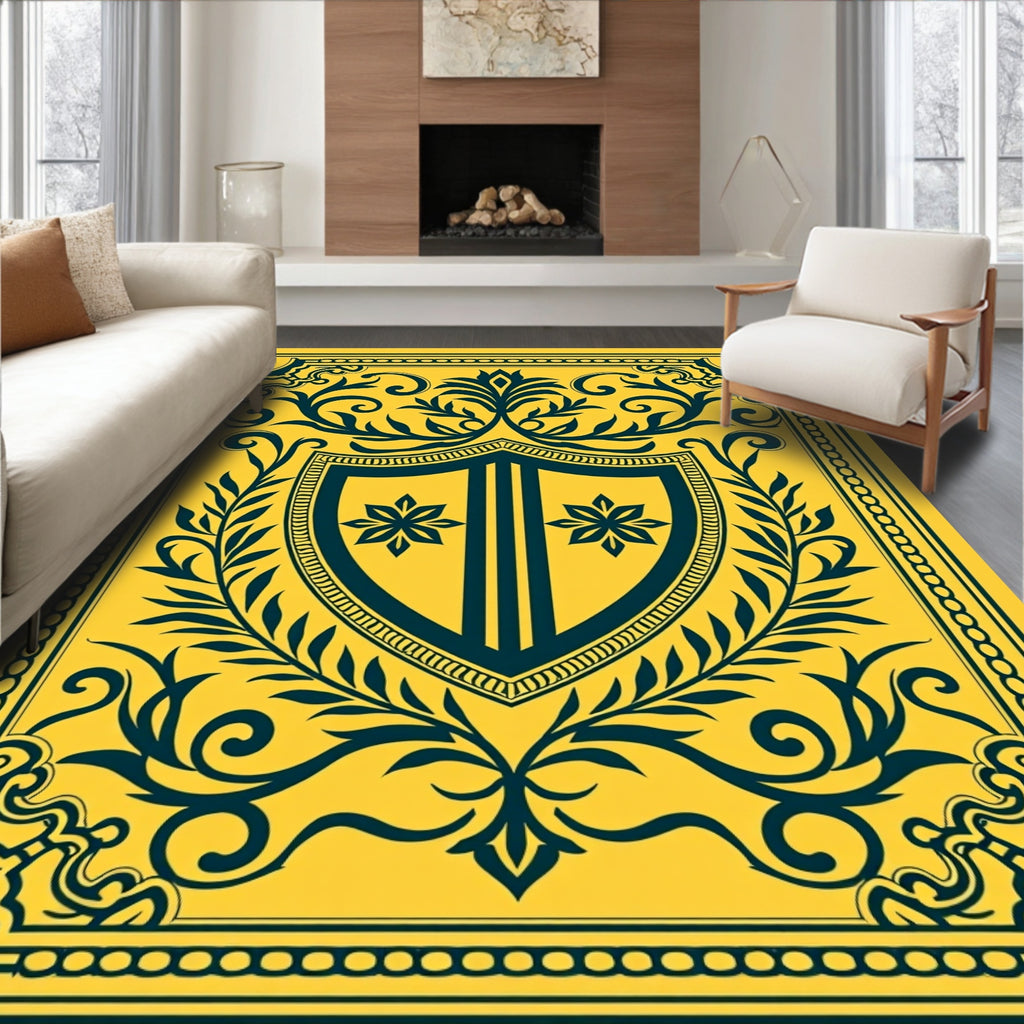 Golden Teal Heraldic Crest Floral Rug