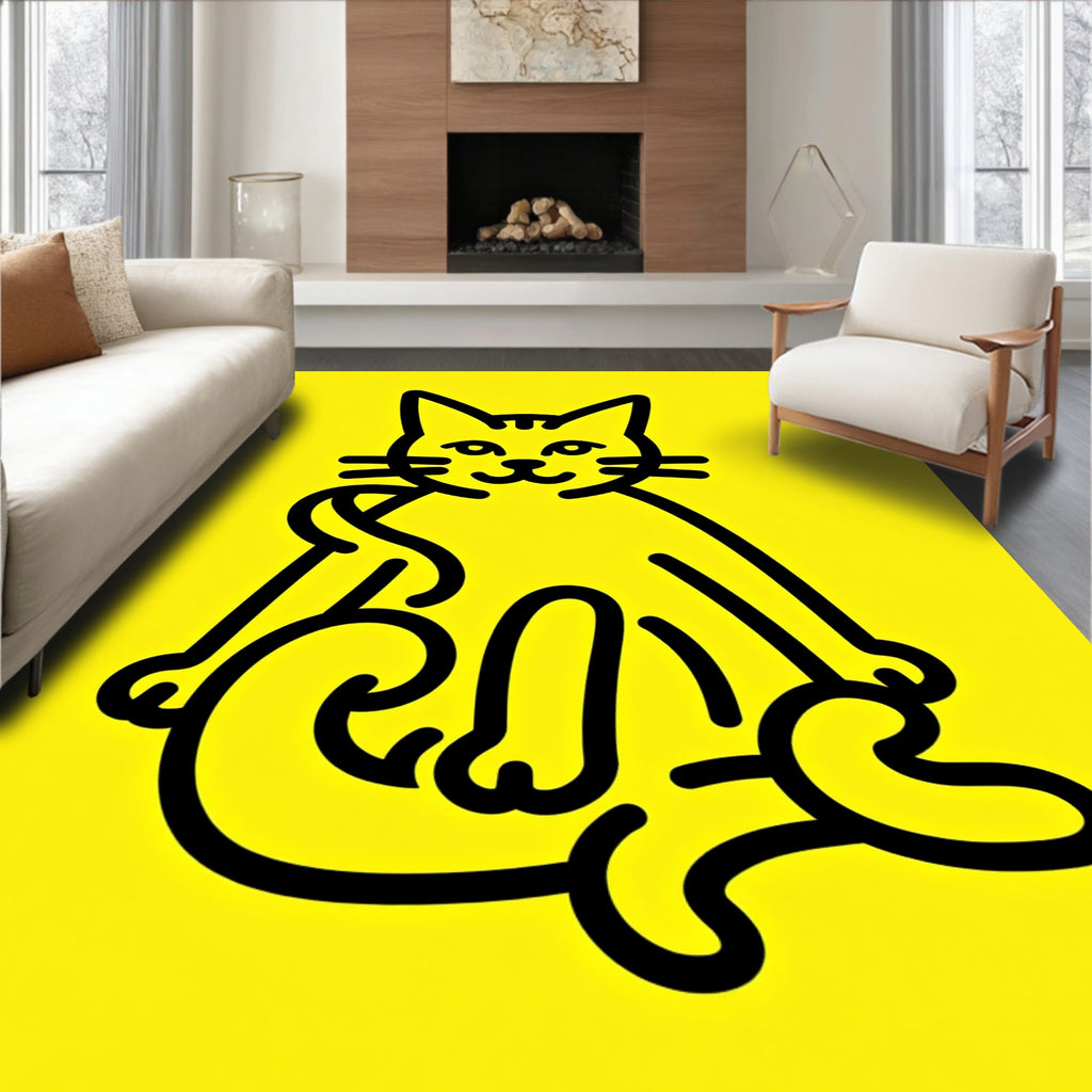 Bold Yellow Line Art Cat Rug
