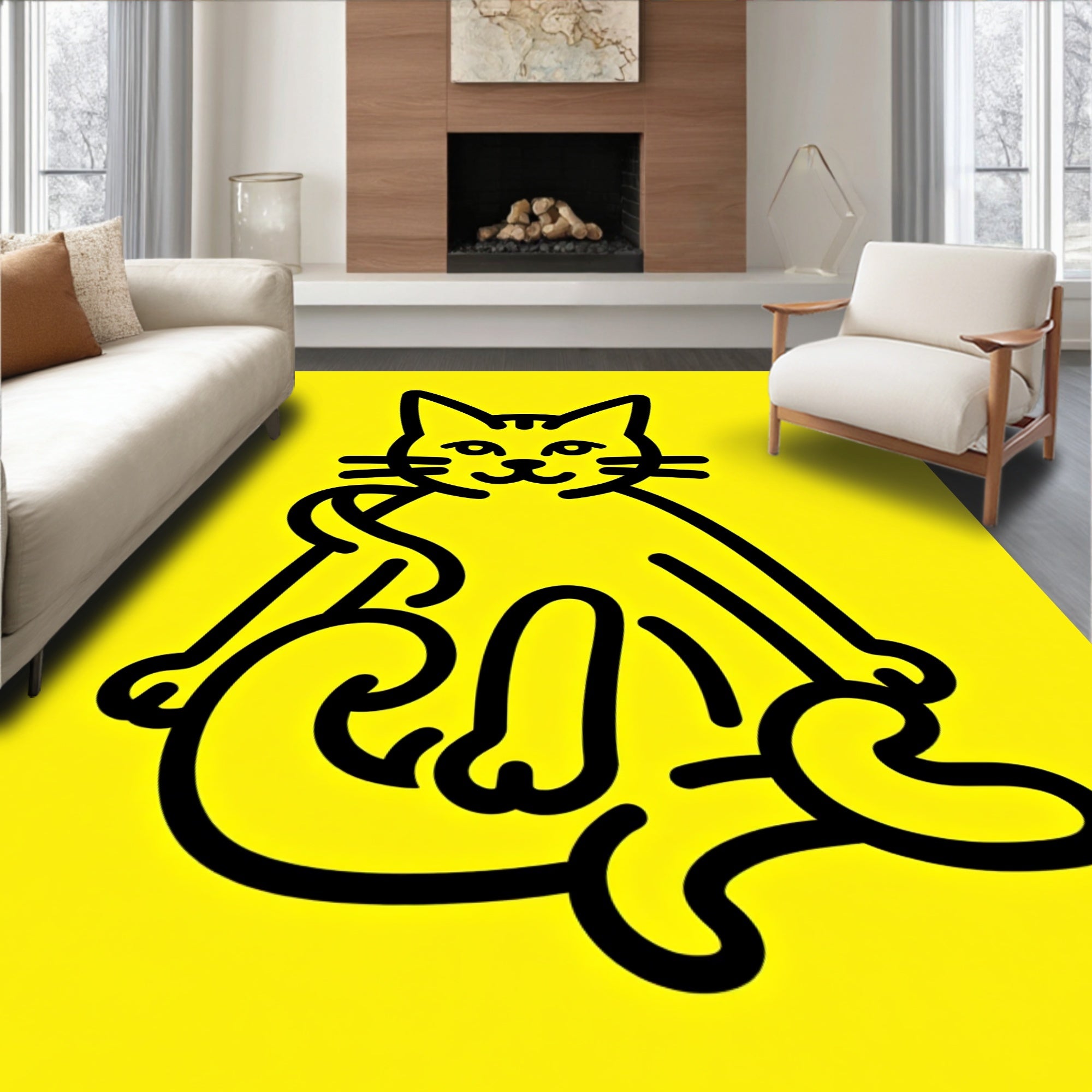 Bold Yellow Line Art Cat Rug