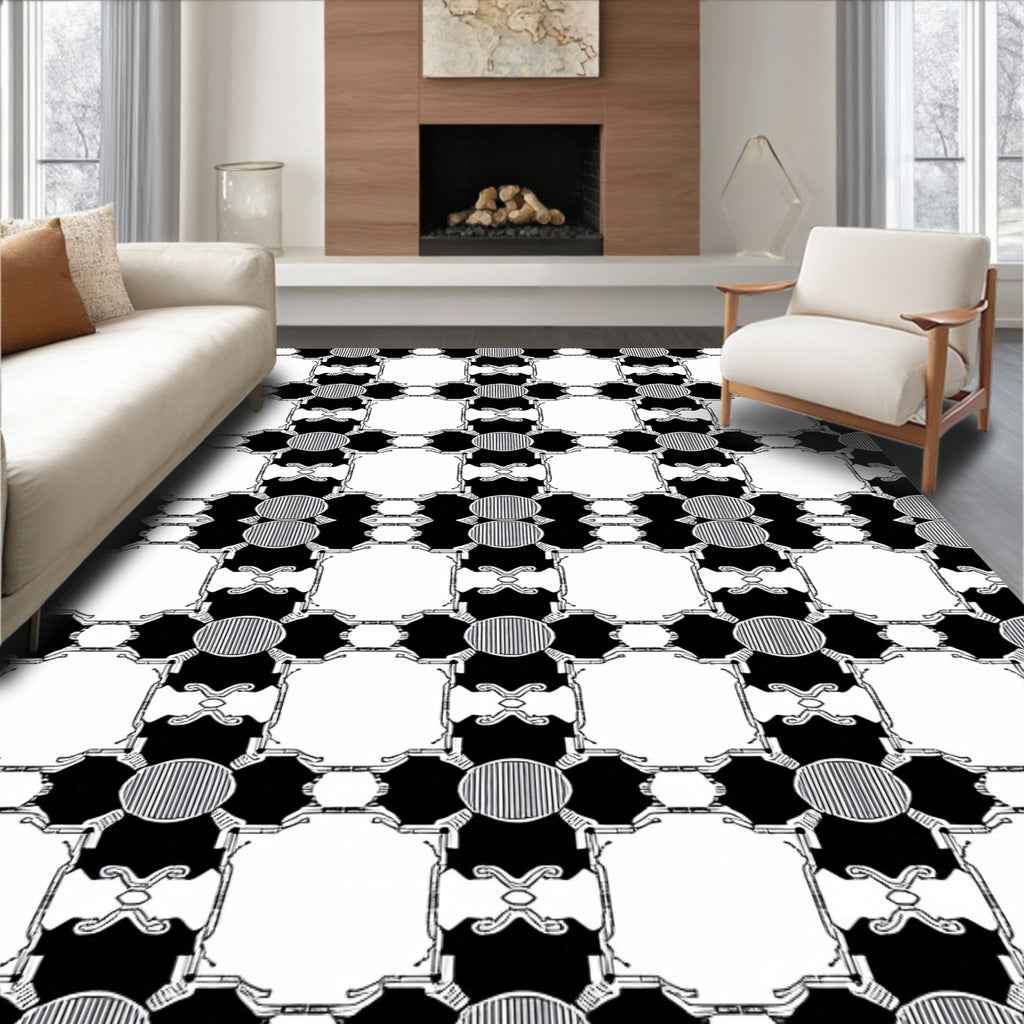 Monochrome geometric trellis repeat Rug